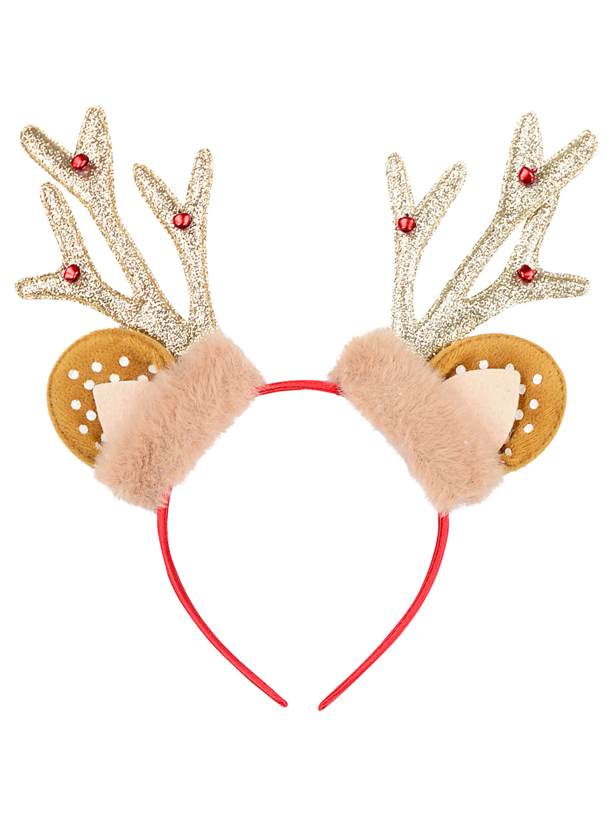 Gold Glitter Antlers Headband With Spotted Ears & Jingle Bells | One Size
