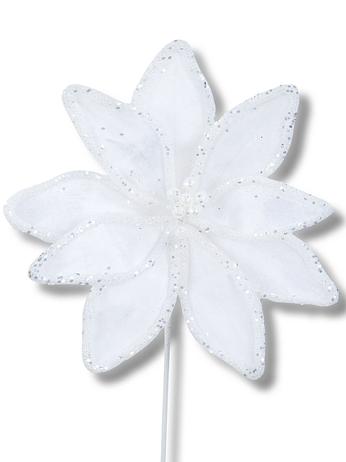 Winter White Velvet Poinsettia Long Stem With Silver Sequin Trim | 32cm