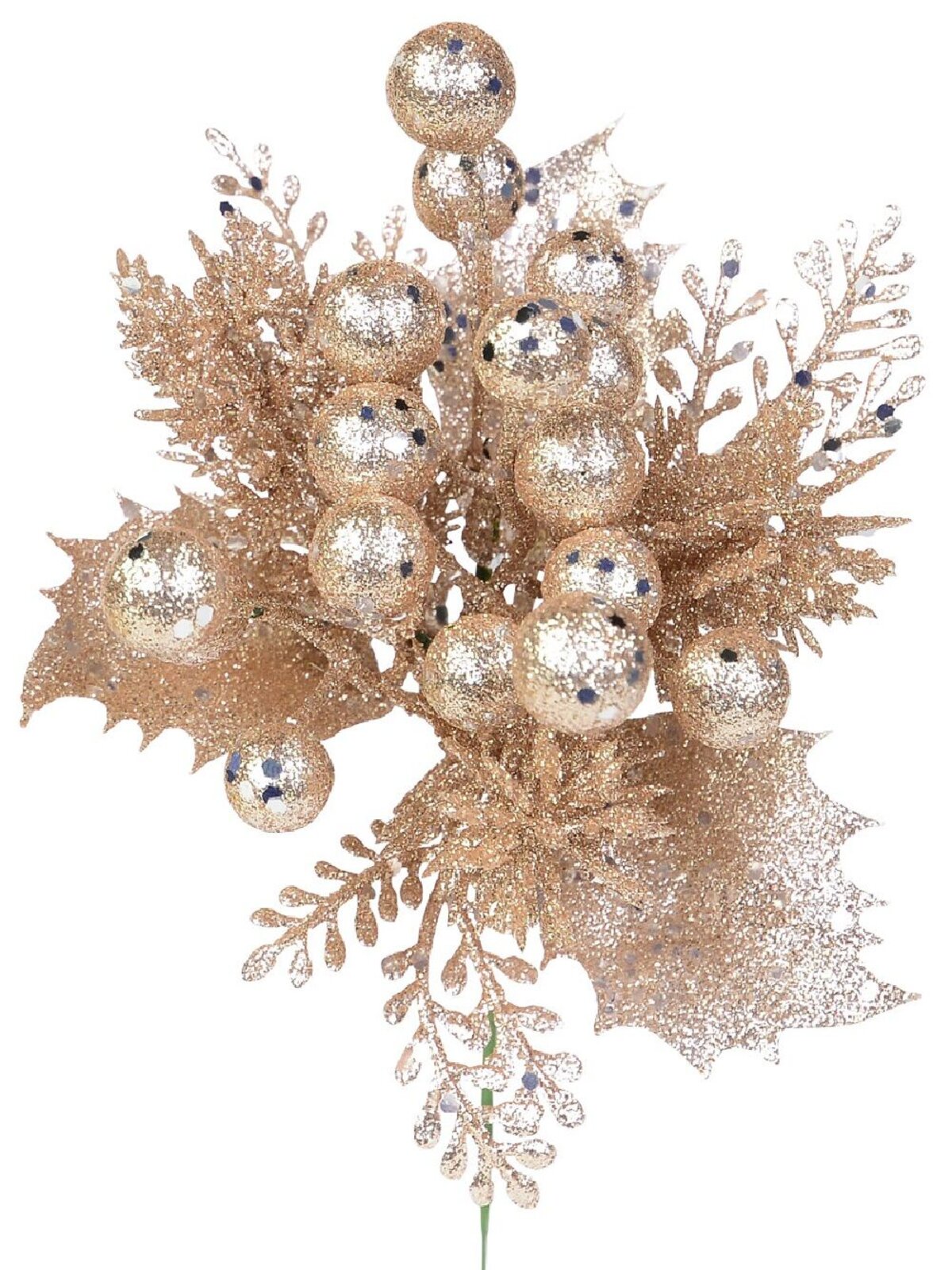 20cm Rose Gold Berries With Twigs & Leaves Foliage Christmas Tree Stem Pick