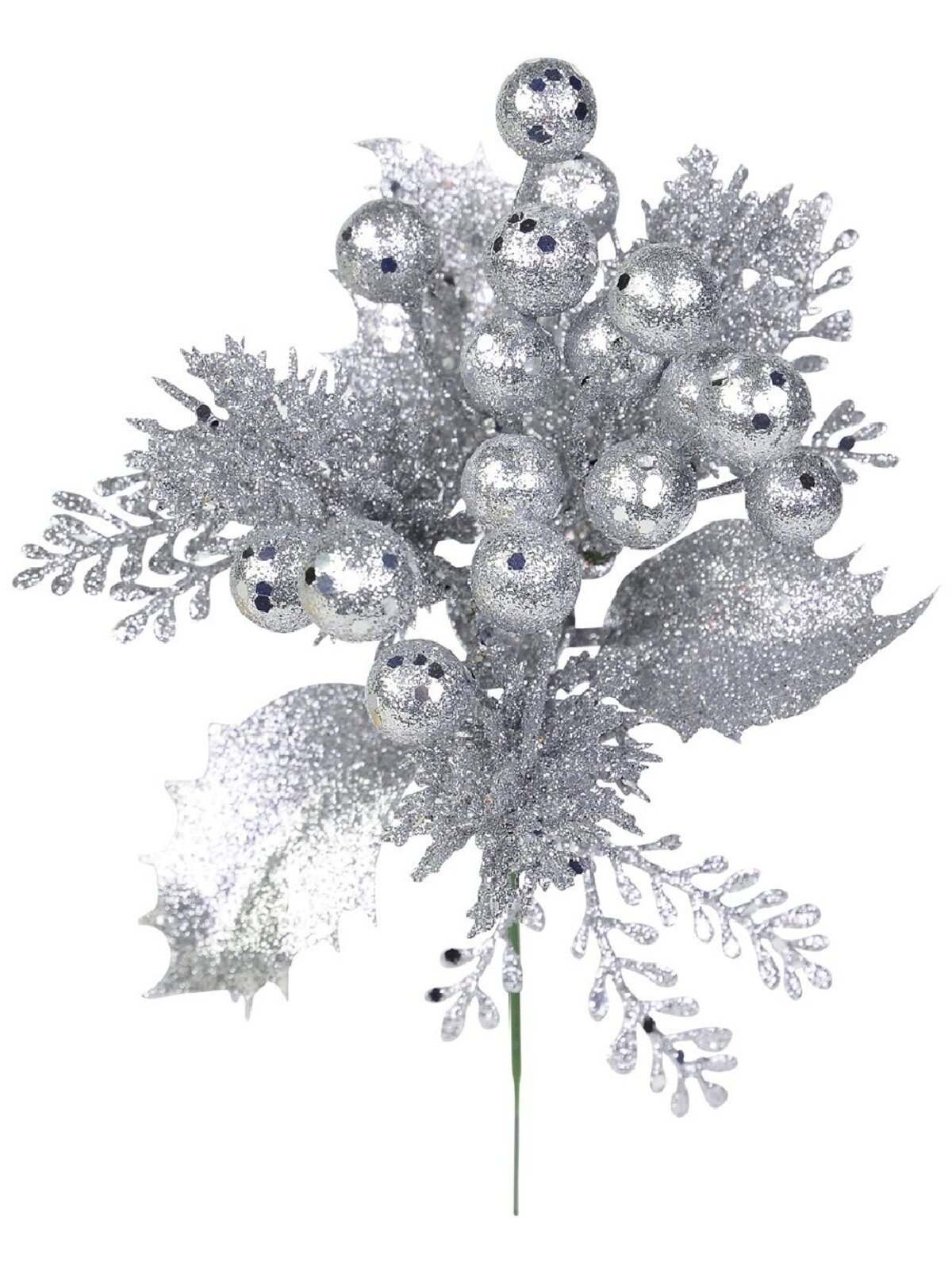 20cm Silver Berries With Twigs & Leaves Foliage Christmas Tree Stem Pick