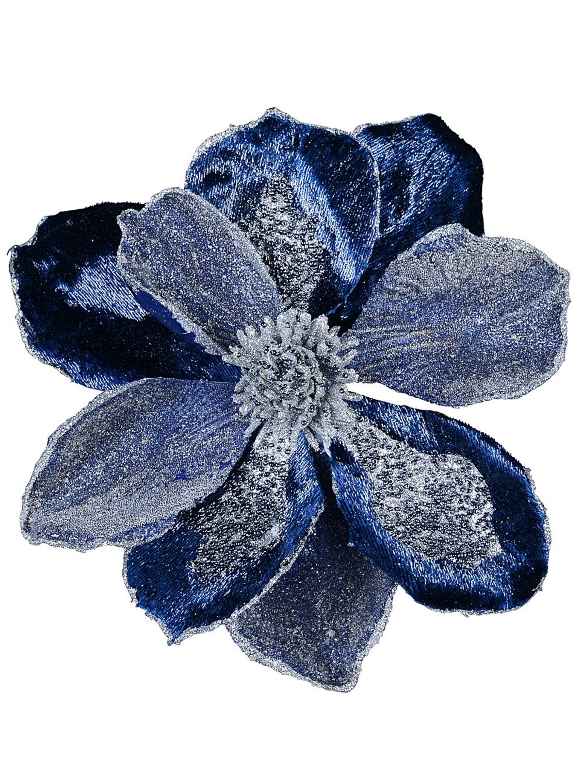 Dark Blue & Silver Magnolia Flower Christmas Tree Clip Pick | 22cm