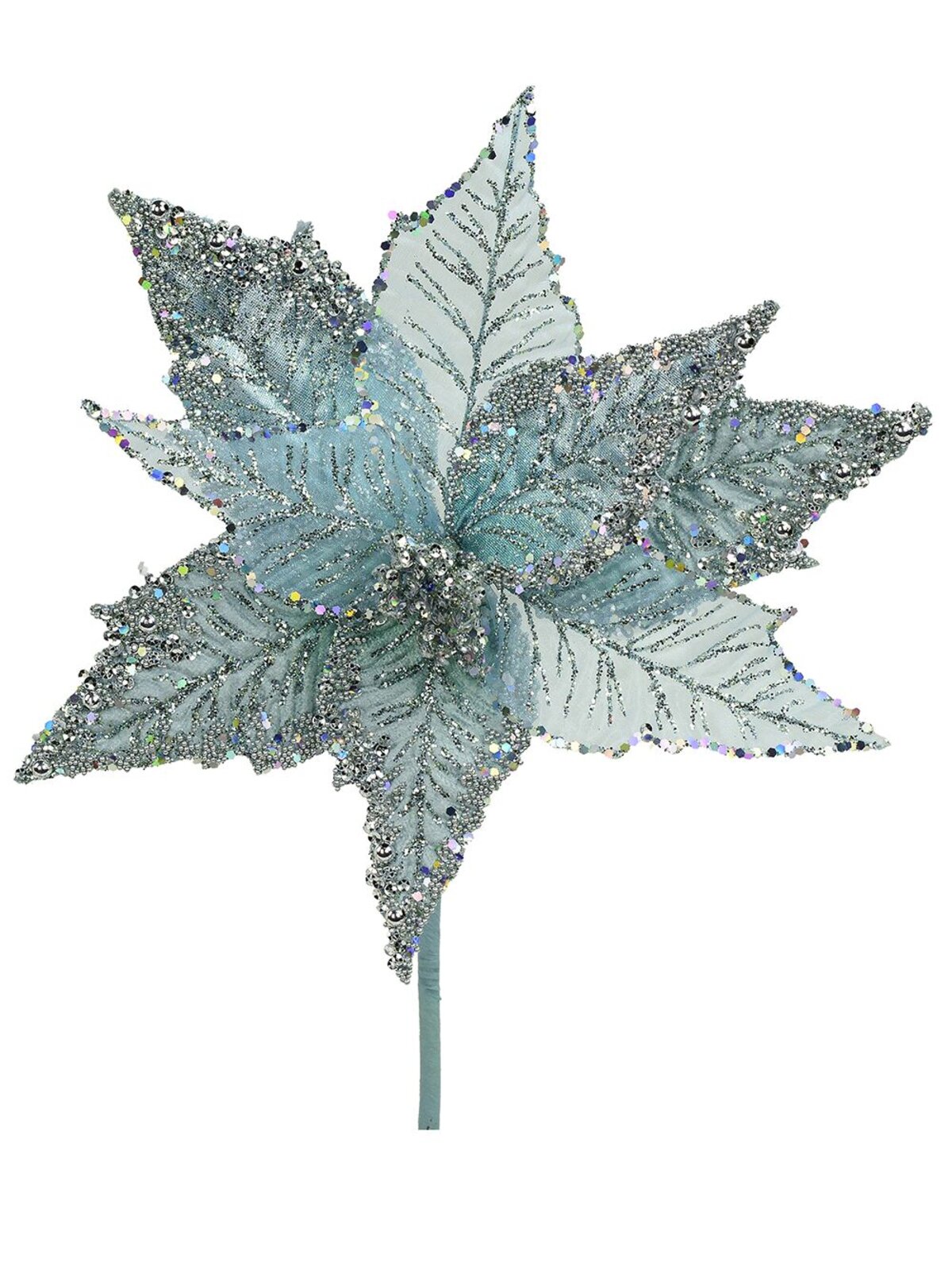 Luxe Blue Glitter Poinsettia Christmas Tree Clip Pick | 22cm