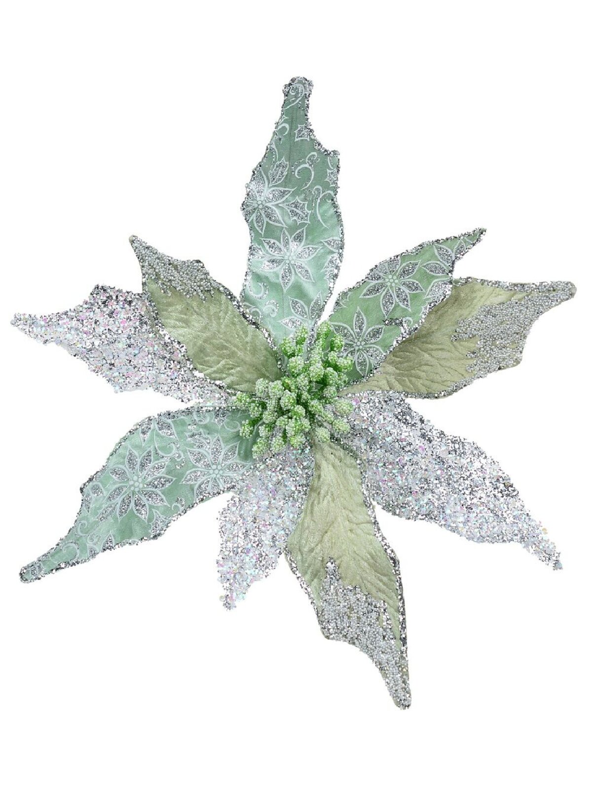 22cm Three Petal Style Mint & Silver Cactus Flower Christmas Tree Clip Pick