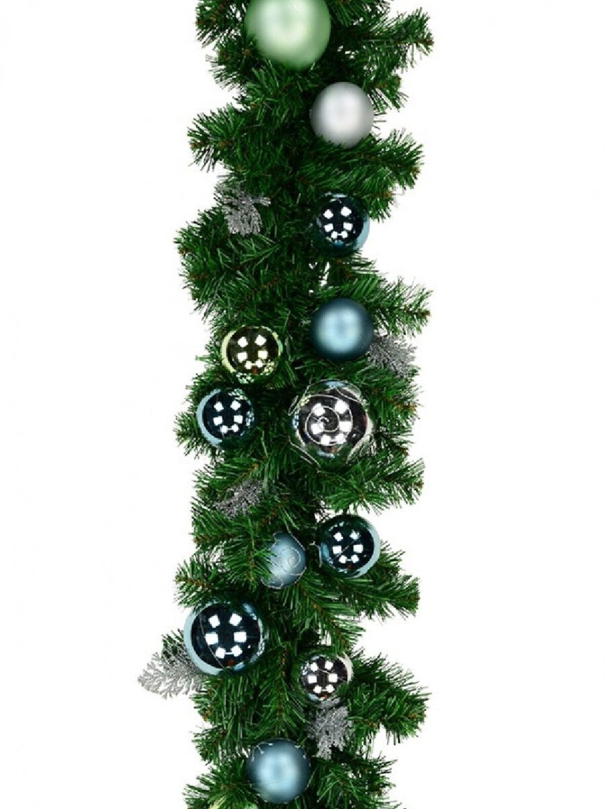 2.3m Decorated Blue, Silver & Mint Baubles & Silver Ferns Fir Garland