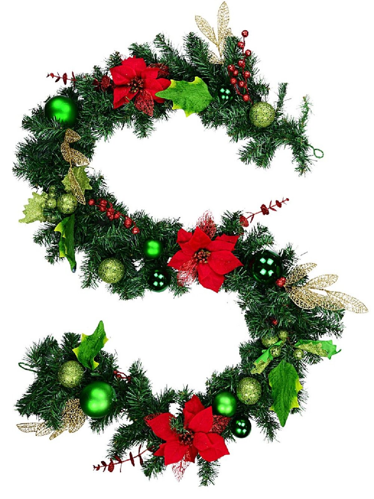 2.3m Decorated Red Poinsettia, Mistletoe, Foliage & Baubles Pine Garland