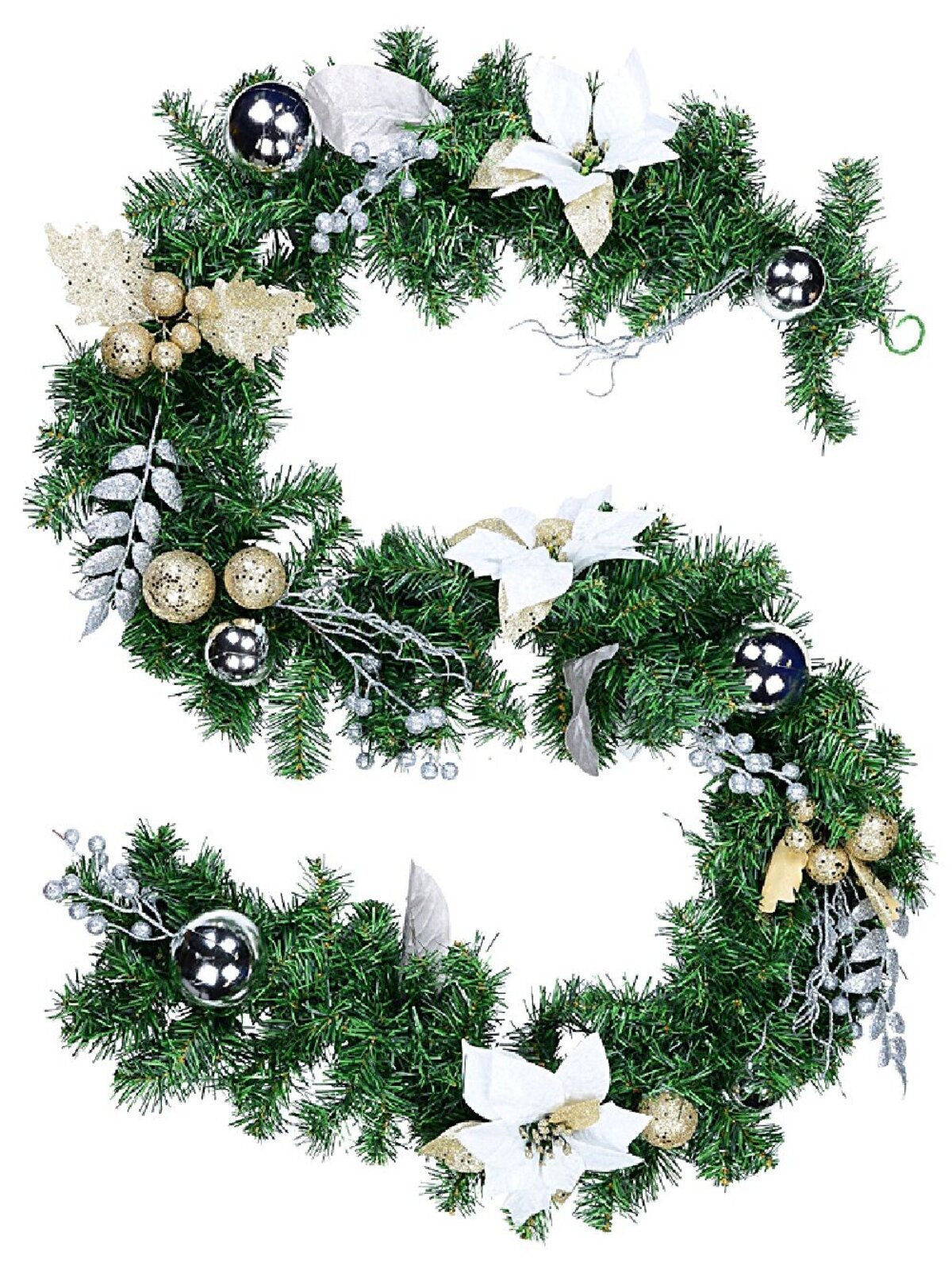 2.3m White Poinsettia and Mistletoe Christmas Garland | Gold & Silver Baubles