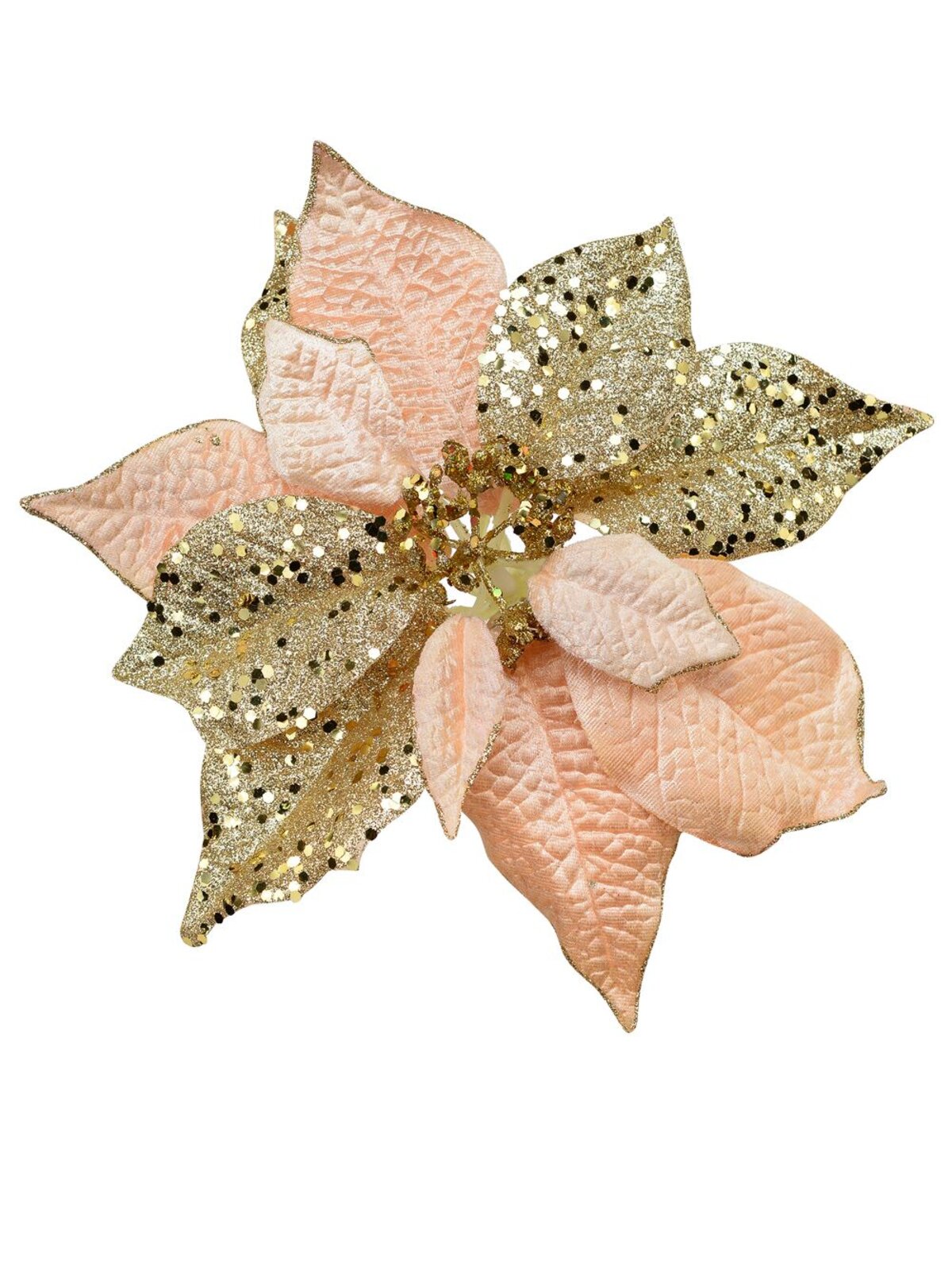 Pink & Gold Two Style Bract Poinsettia Christmas Tree Clip Pick | 24cm