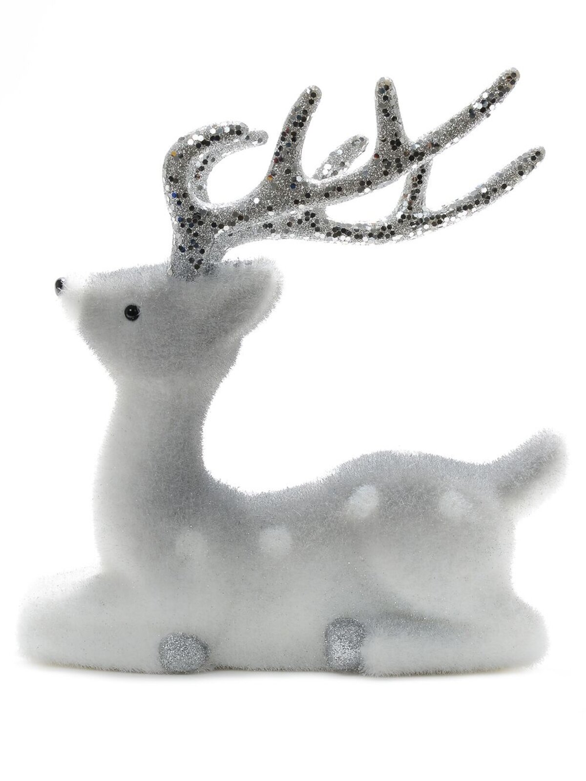 24cm White & Silver Glitter Flocked Sitting Reindeer Ornament