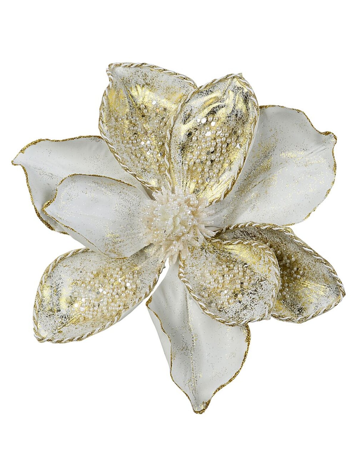 White With Gold & Faux Pearls Magnolia Christmas Tree Clip Pick | 24cm