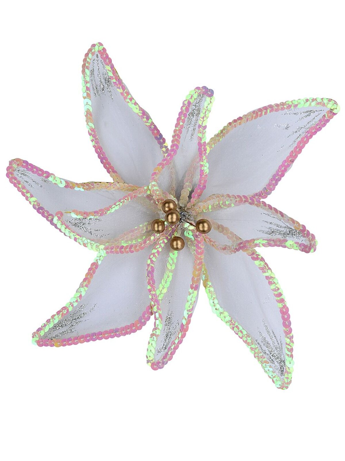 White Organza Poinsettia With Iridescent Christmas Tree Clip Pick | 25cm