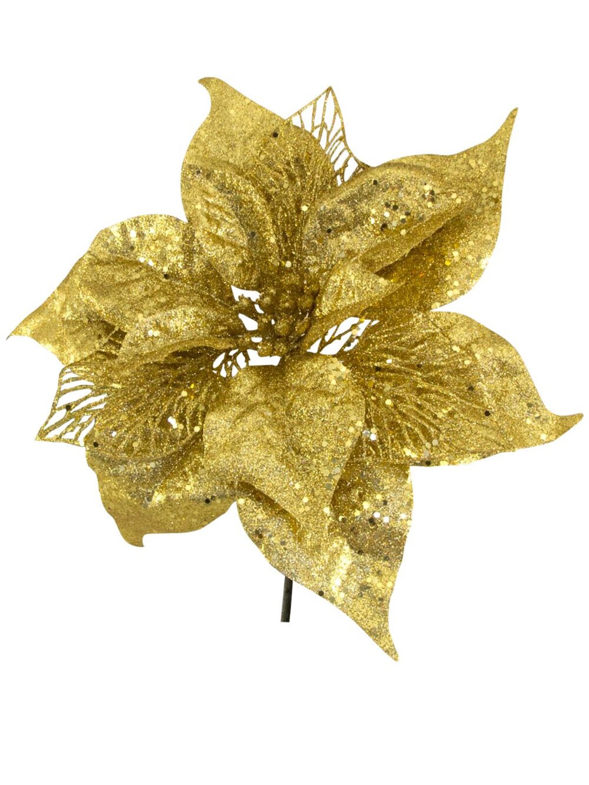 Gold Poinsettia Christmas Tree Clip Pick With Sequins & Glitter | 26cm