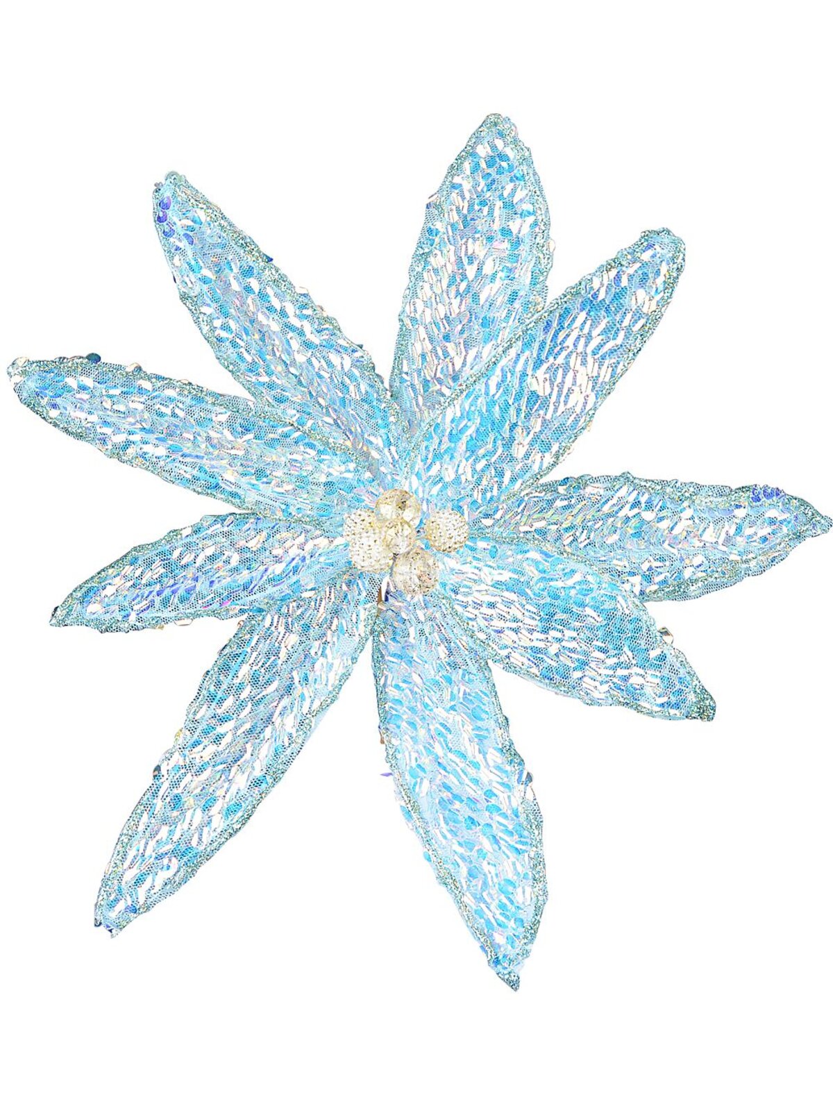 Turquoise Poinsettia With Iridescent Sequins Christmas Tree Clip Pick | 26cm