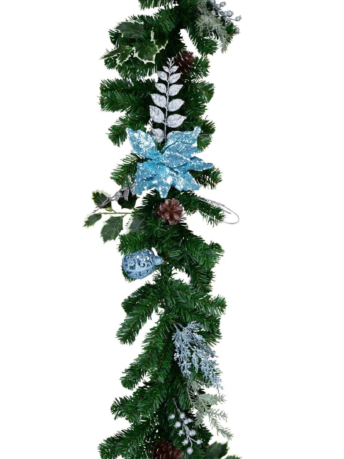2.7m Decorated Blue Poinsettia, Pine Cone, Foliage & Baubles Pine Garland