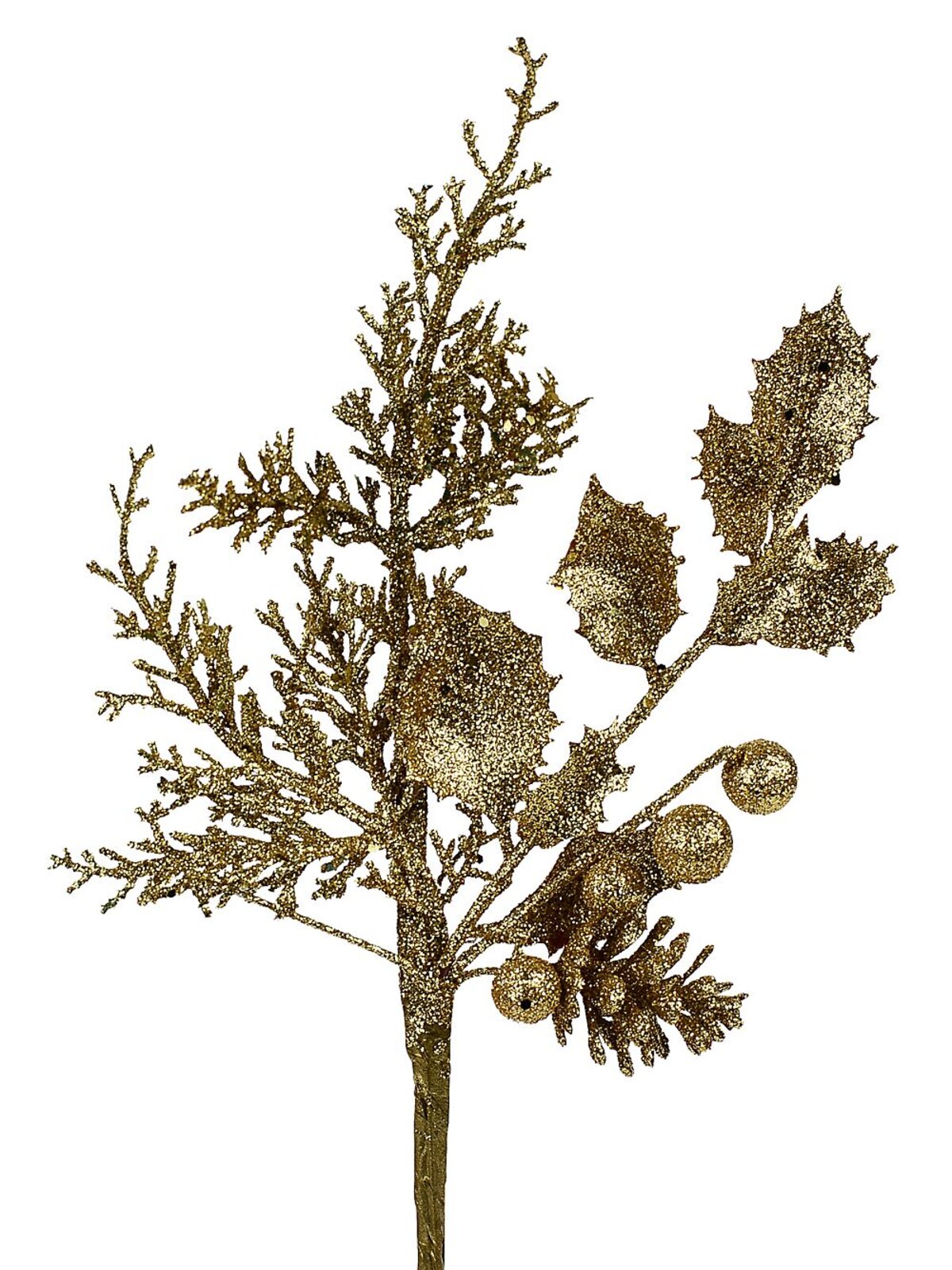 Gold Glitter Mixed Foliage With Pinecone & Berries Christmas Stem Pick | 28cm