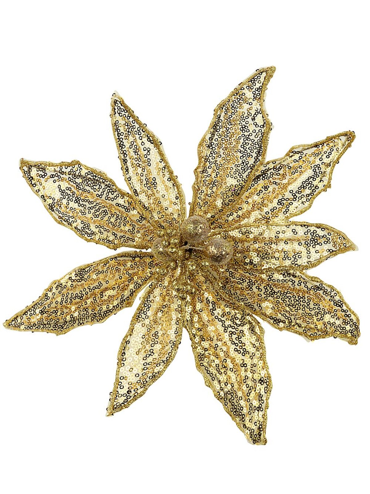Gold Sequins On Mesh Poinsettia Christmas Tree Clip Pick | 30cm