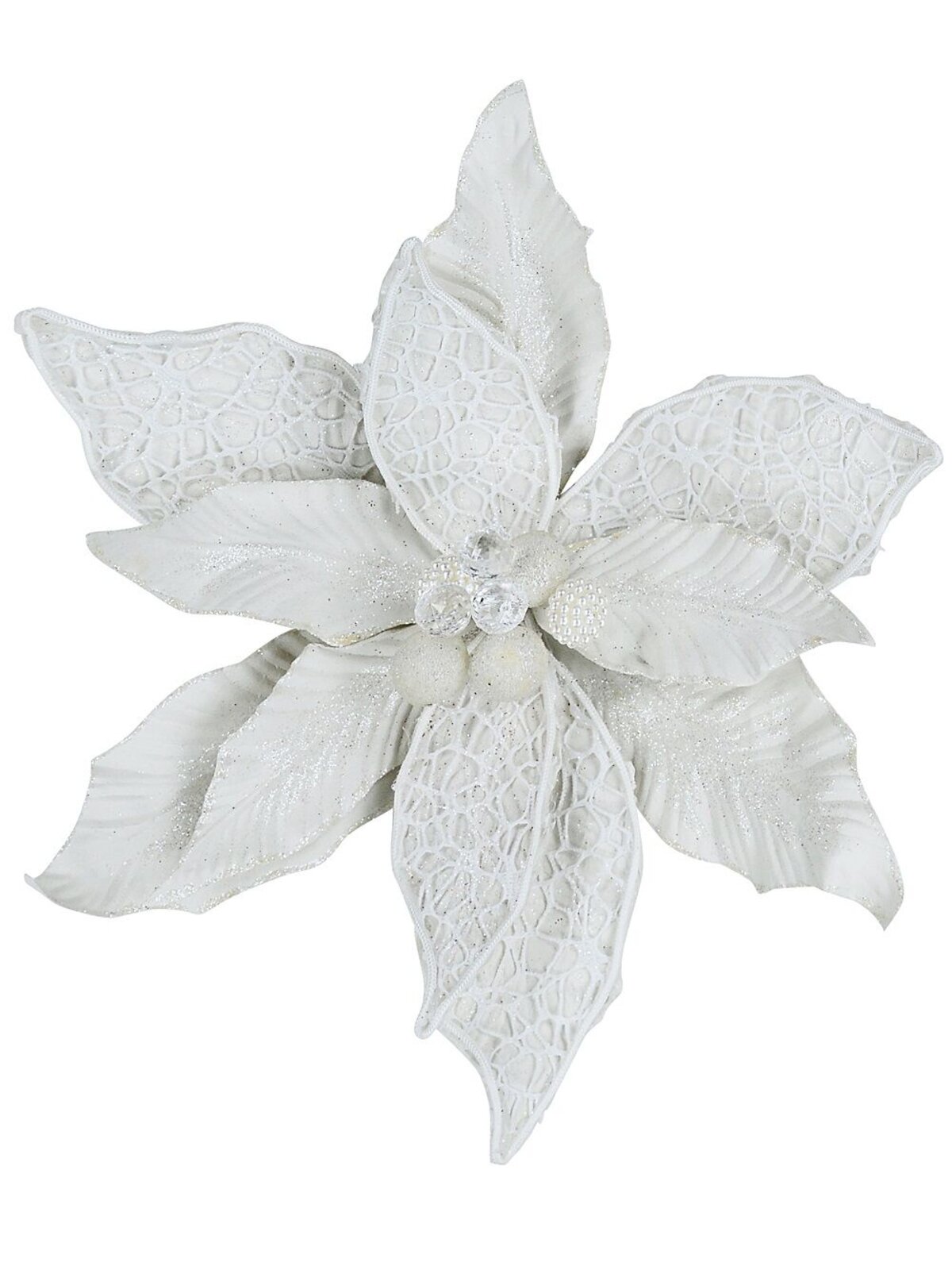 Ivory Web Mesh & Textured Poinsettia Christmas Tree Clip Pick | 30cm