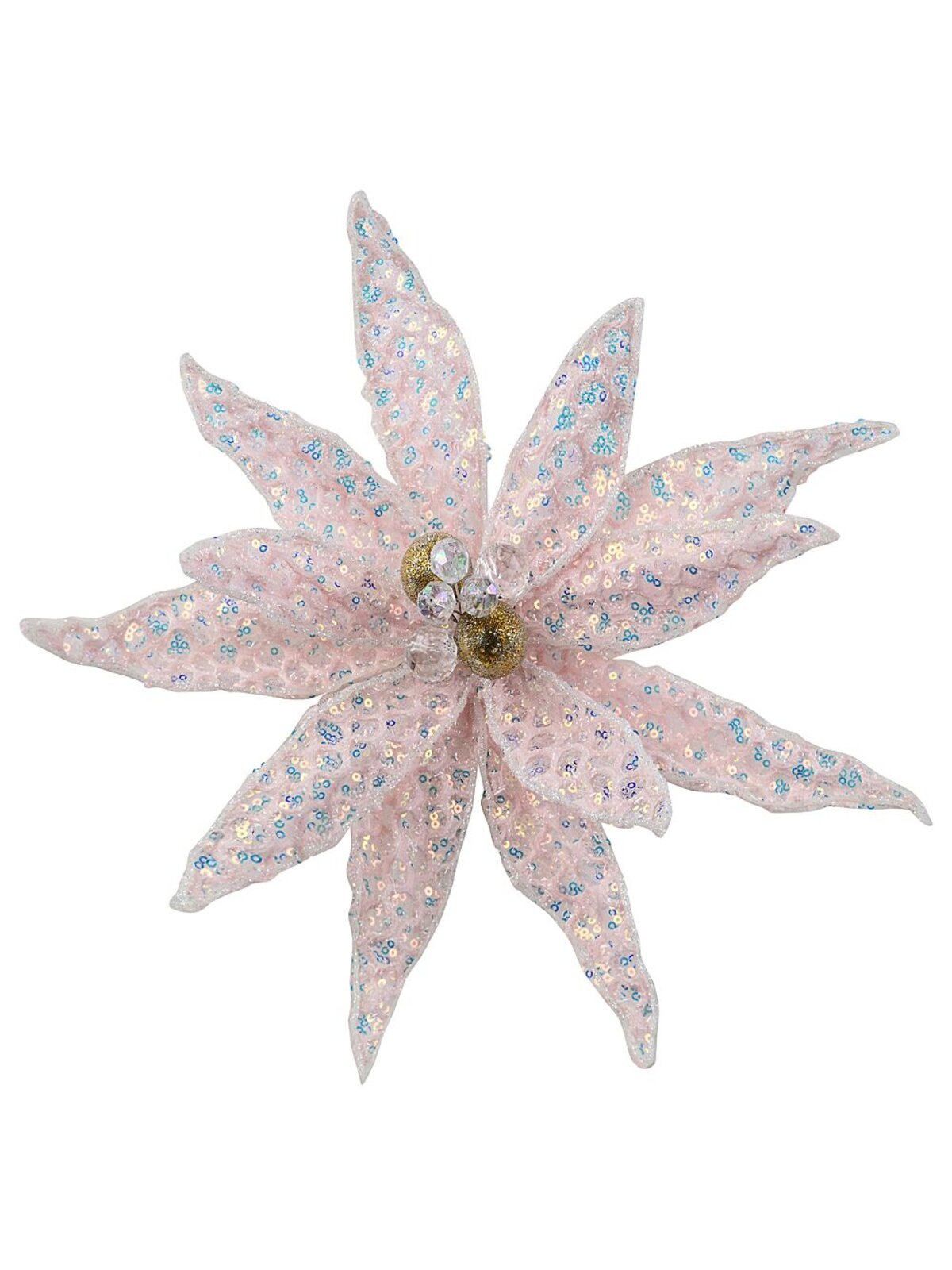 Light Pink Honeycomb Mesh & Sequin Poinsettia Christmas Tree Clip Pick | 30cm