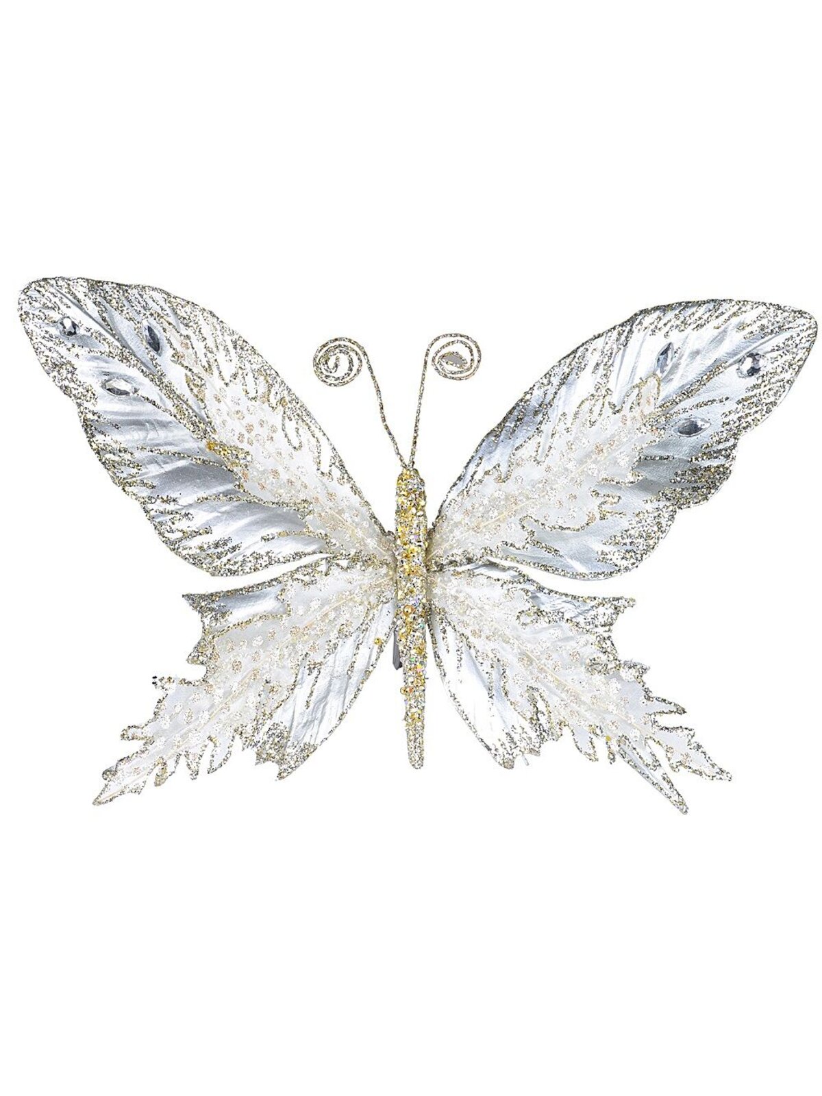 32cm Large Platinum Butterfly With Sheer Wings Christmas Tree Clip Pick