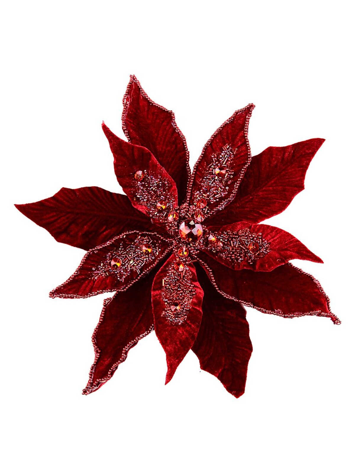 Maroon Poinsettia With Beads & Diamantes Christmas Tree Clip Pick | 32cm