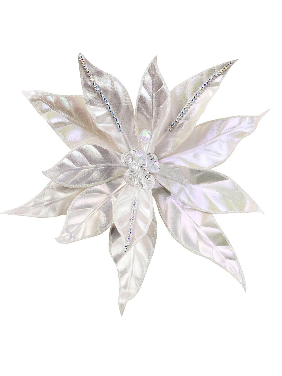 Matte Pearl With Diamantes Poinsettia Christmas Tree Clip Pick | 32cm
