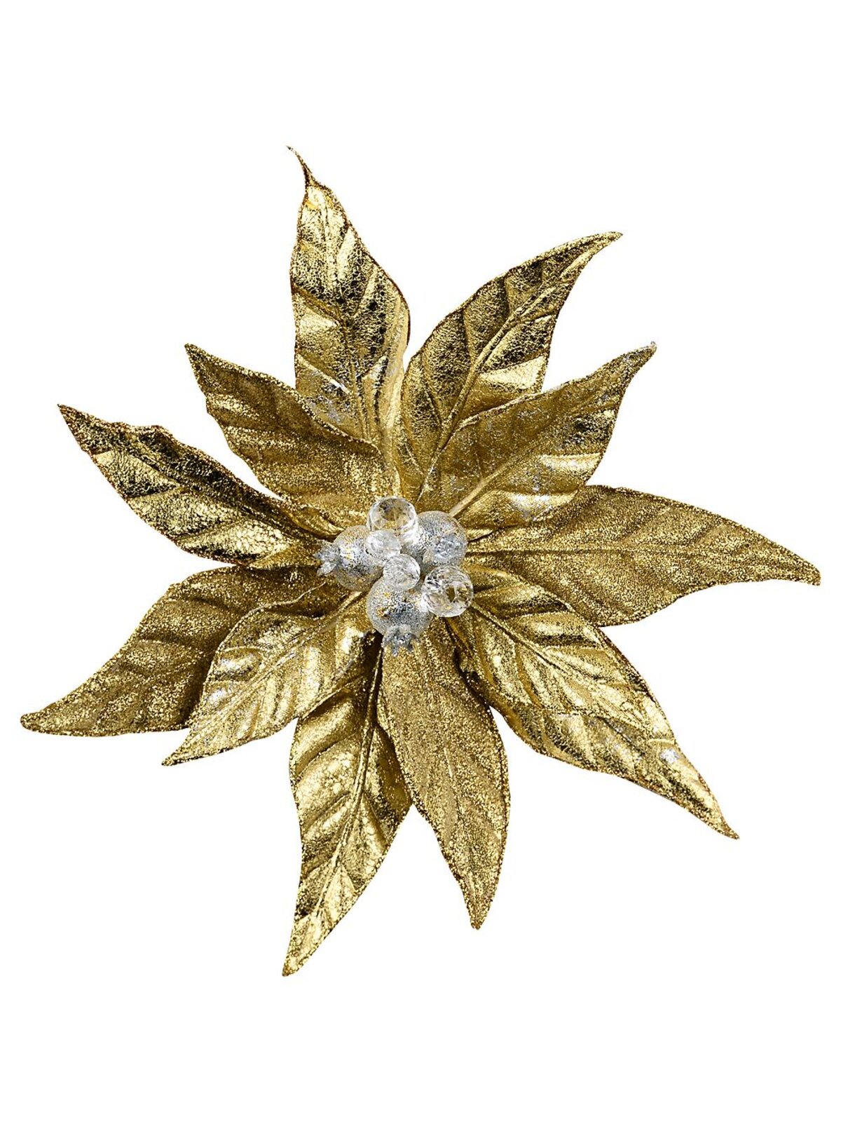 Shiny Gold With Glitter & Frost Poinsettia Christmas Tree Clip Pick | 32cm
