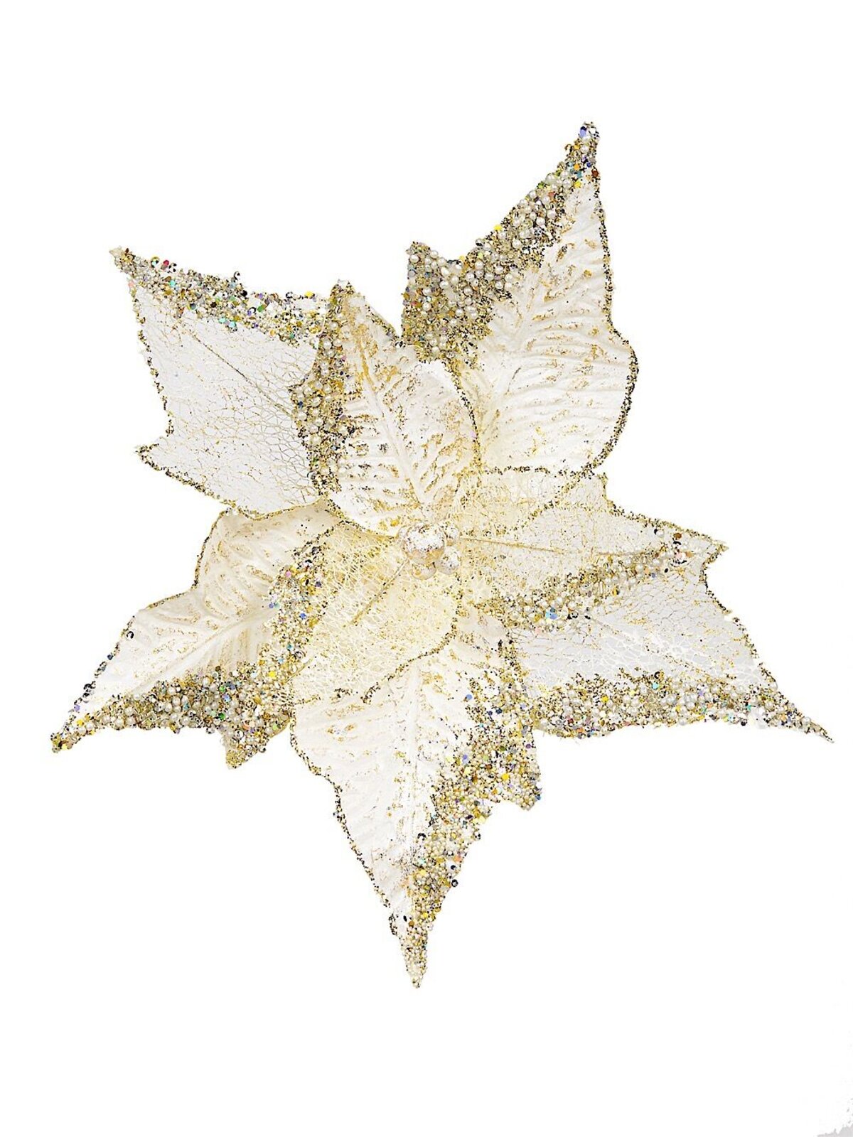 32cm Soft Gold Poinsettia Christmas Tree Clip Pick With Sequin Detail