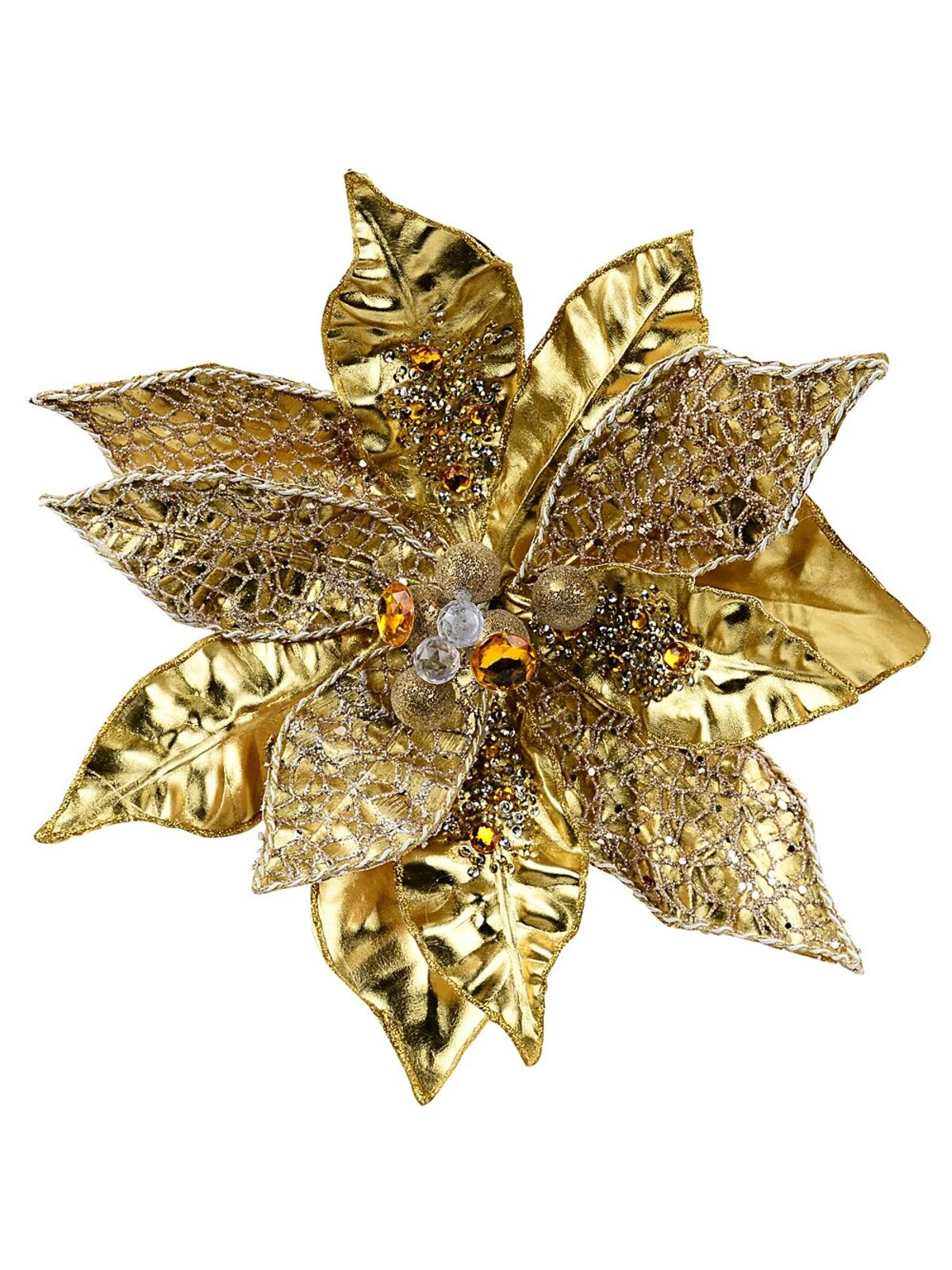 Large Gold Gloss & Glitter Web Vein Poinsettia Christmas Tree Clip Pick | 36cm