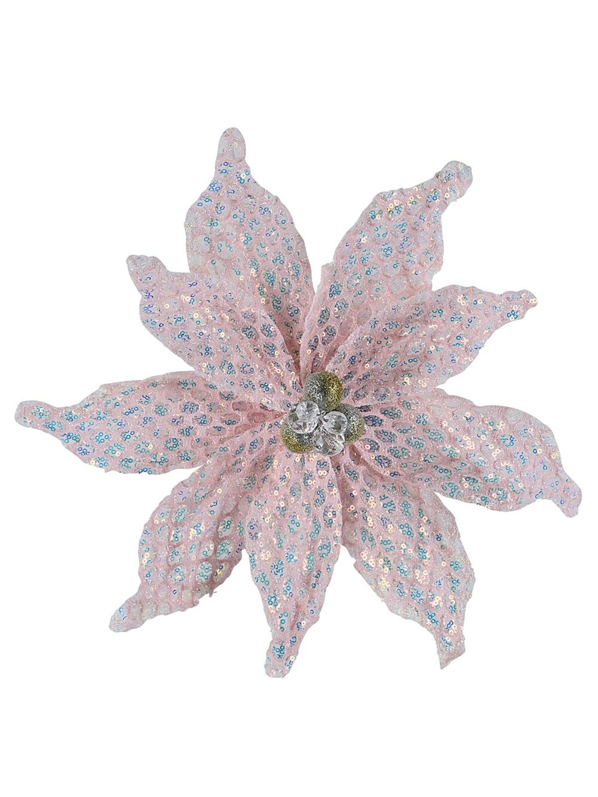 Light Pink Honeycomb Mesh & Sequin Poinsettia Christmas Tree Clip Pick | 36cm