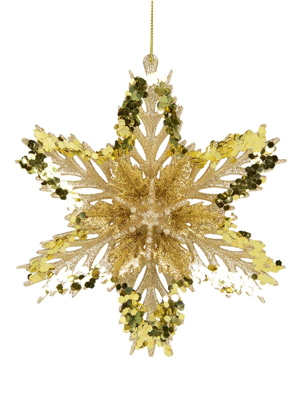 3D Gold Snowflake With Sequins Christmas Tree Hanging Decoration - 15cm
