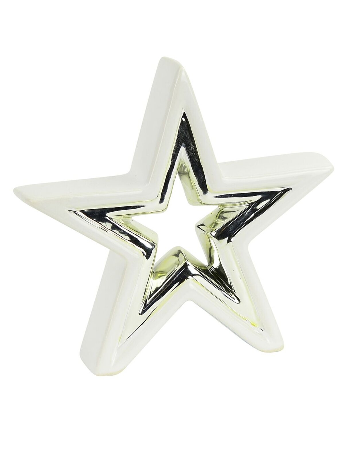 3D White Ceramic Star Ornament With Champagne Accent Stripe - 14cm