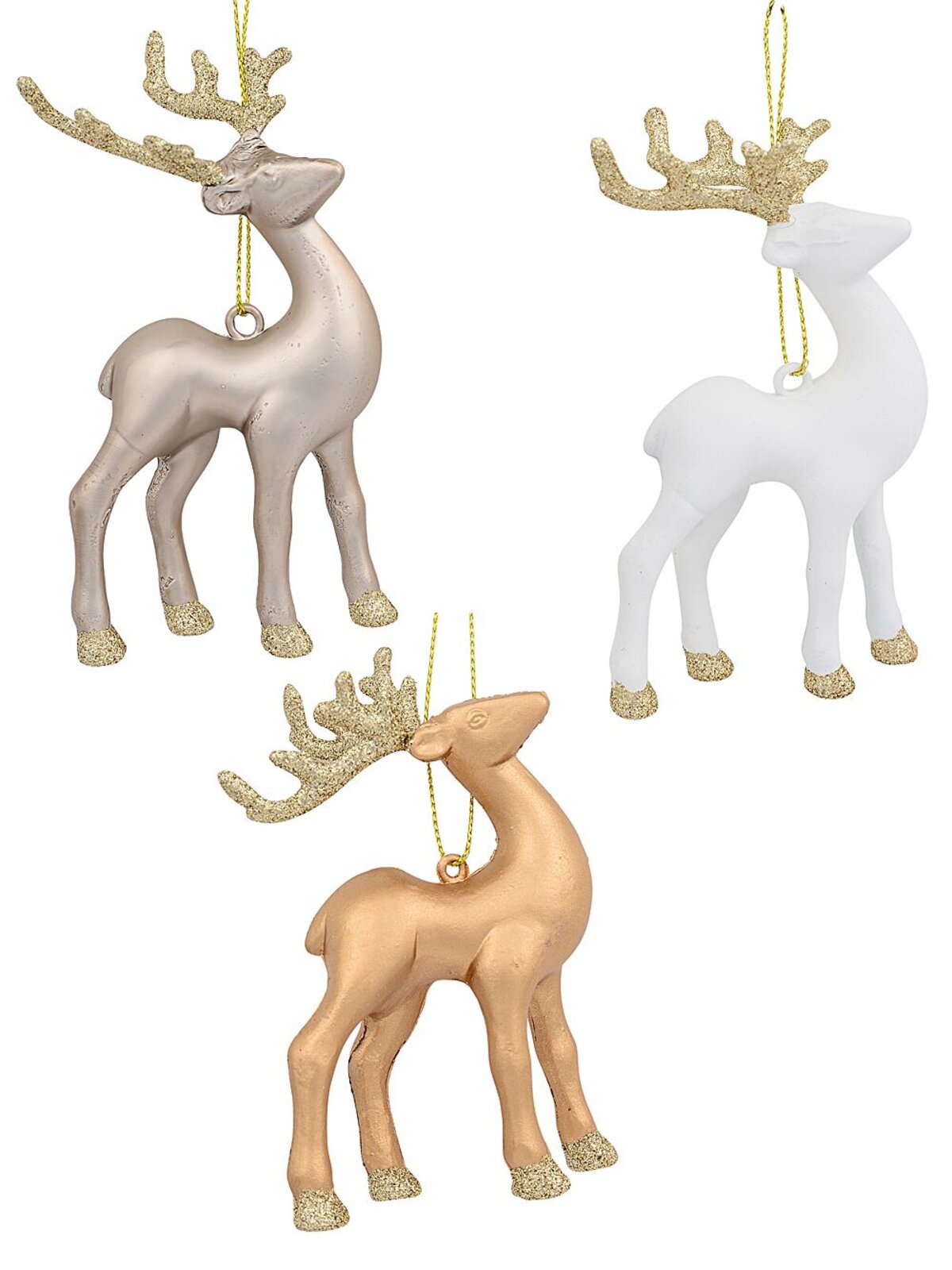 3x 12cm White, Silver & Gold Reindeer Christmas Tree Hanging Decorations
