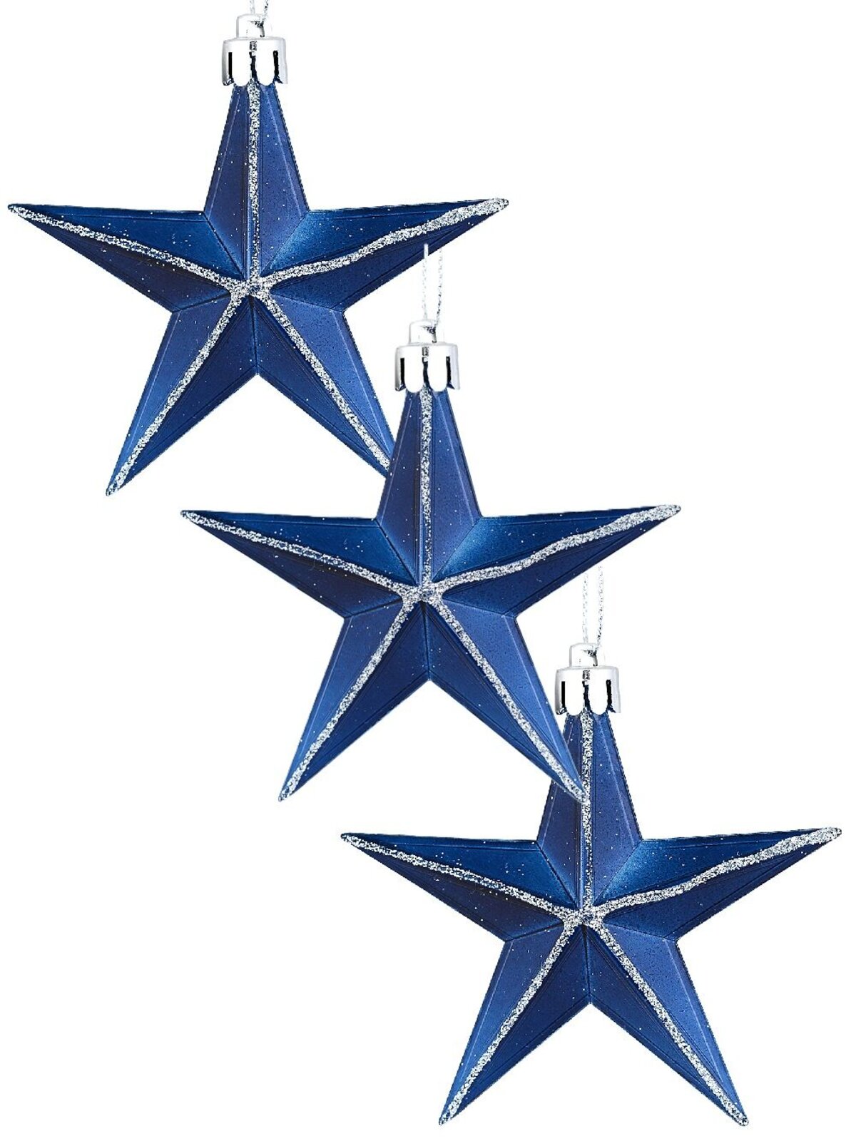 3x Whimsical Midnight Blue & Silver Essential Glitter Star Ornaments | 90mm
