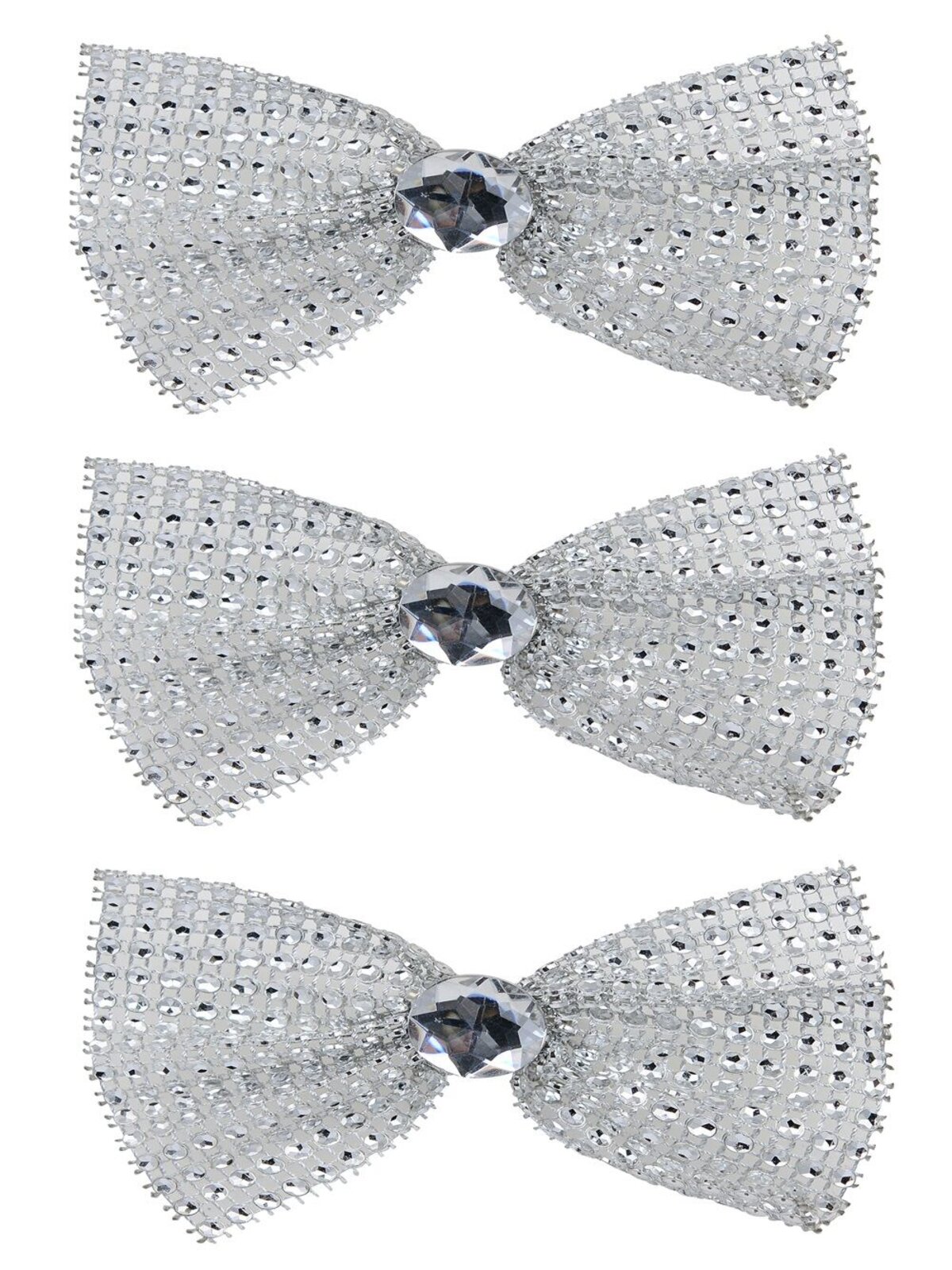 3x Silver Mesh Bowties With Diamante Christmas Tree Clip Ornaments | 11cm