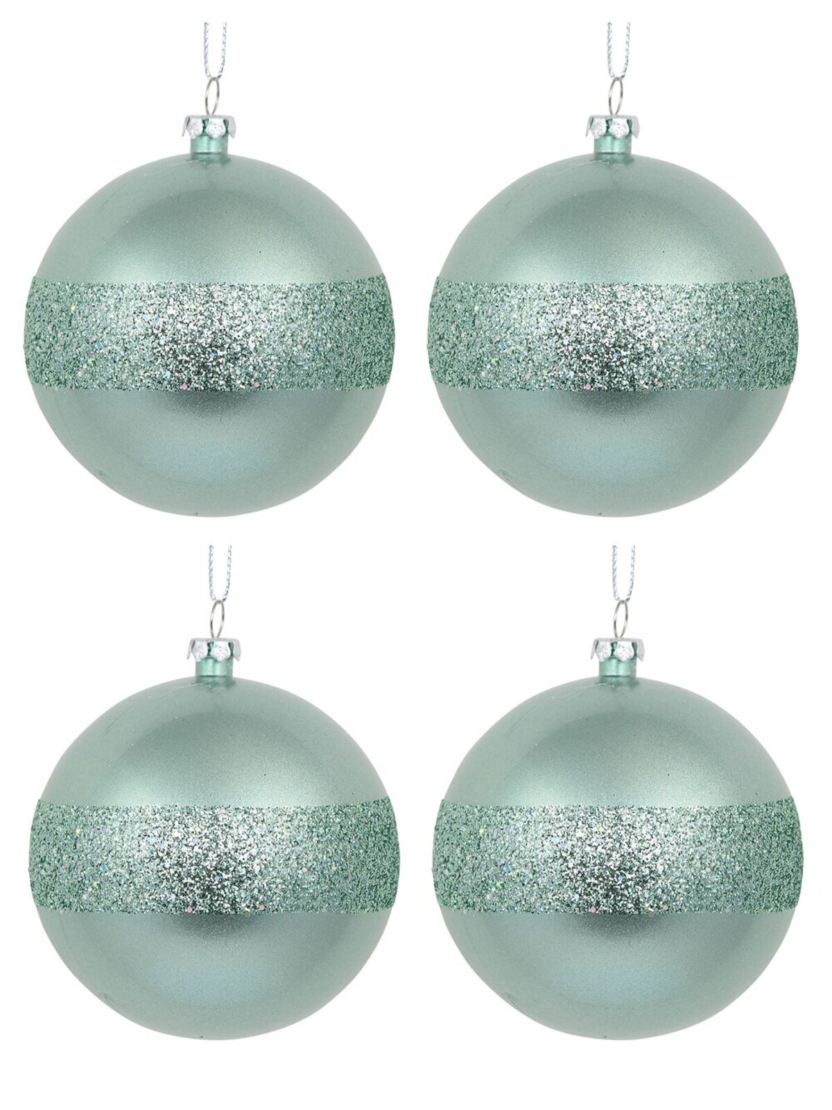 4 x 80mm Mint Pearl Green Christmas Baubles With Laser Glitter Band