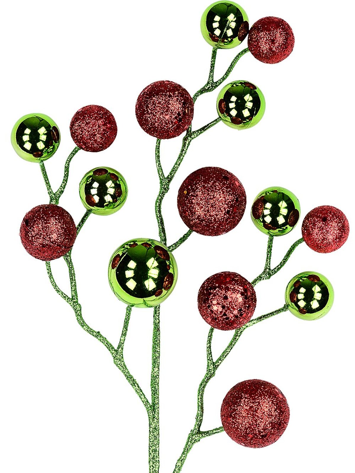 Shiny Lime & Red Glitter Bauble Cluster Long Christmas Stem | 42cm