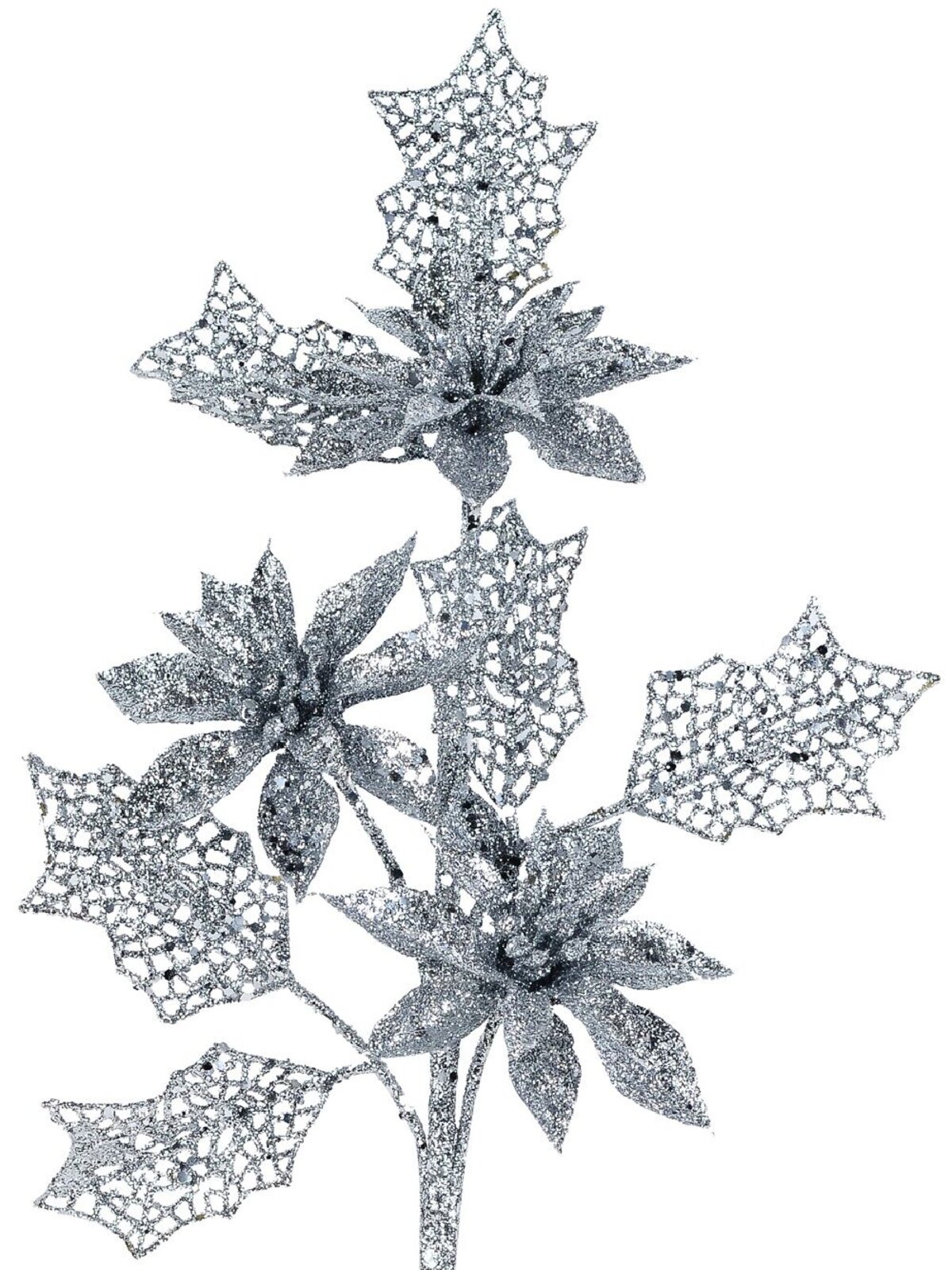 Silver Glitter Poinsettia & Filigree Leaf Spray Long Christmas Stem | 42cm