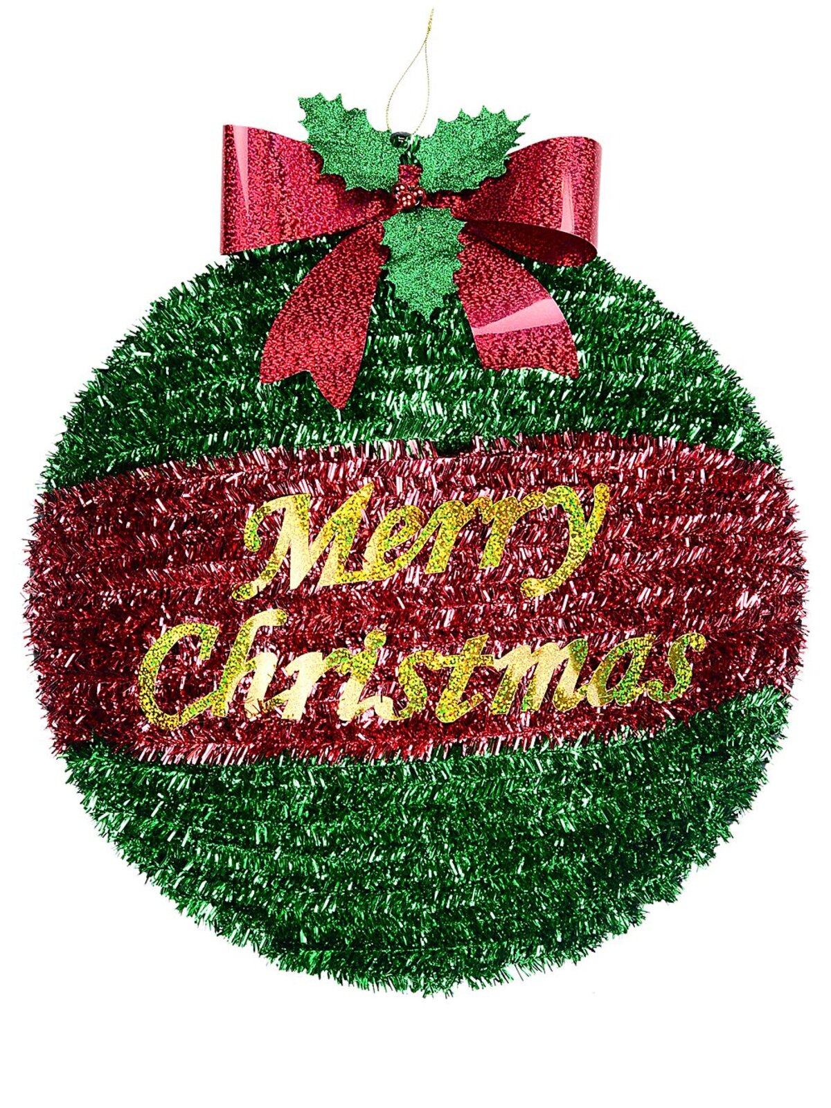 Red & Green Decorated Merry Christmas Bauble Tinsel Plaque Ornament | 43cm