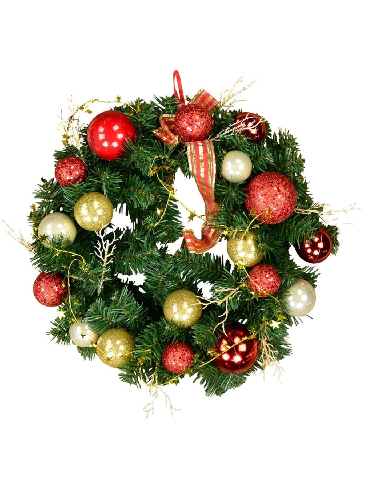 44cm Decorated Red & Gold Bauble, Ribbon & Twigs Fir Wreath