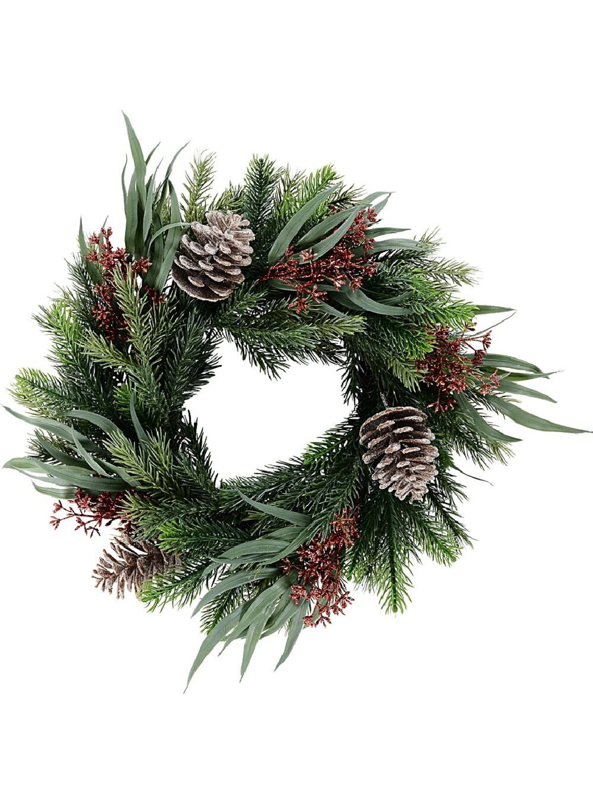 44cm Pine Tips With Eucalyptus Leaves, Flowers & Pinecones PVC Wreath