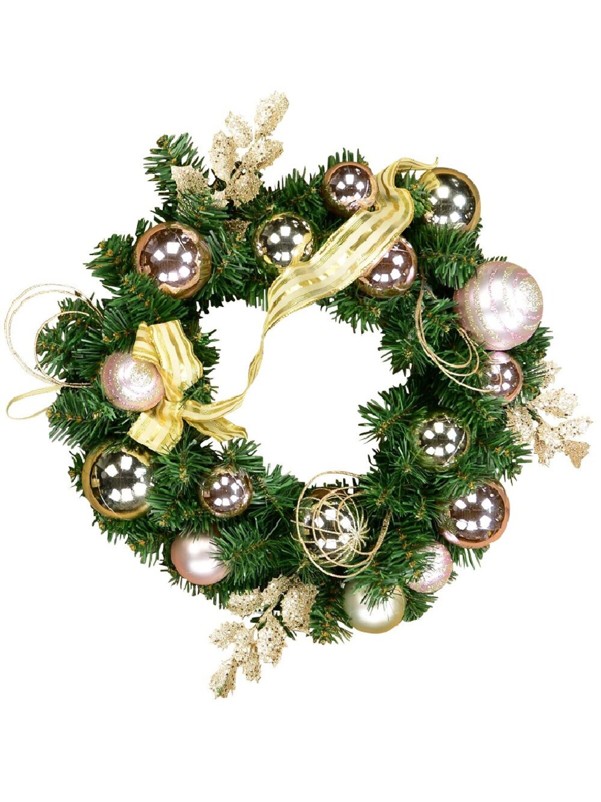 45cm Champagne & Pink Bauble, Holly Leaf & Whisker Loops Fir Wreath