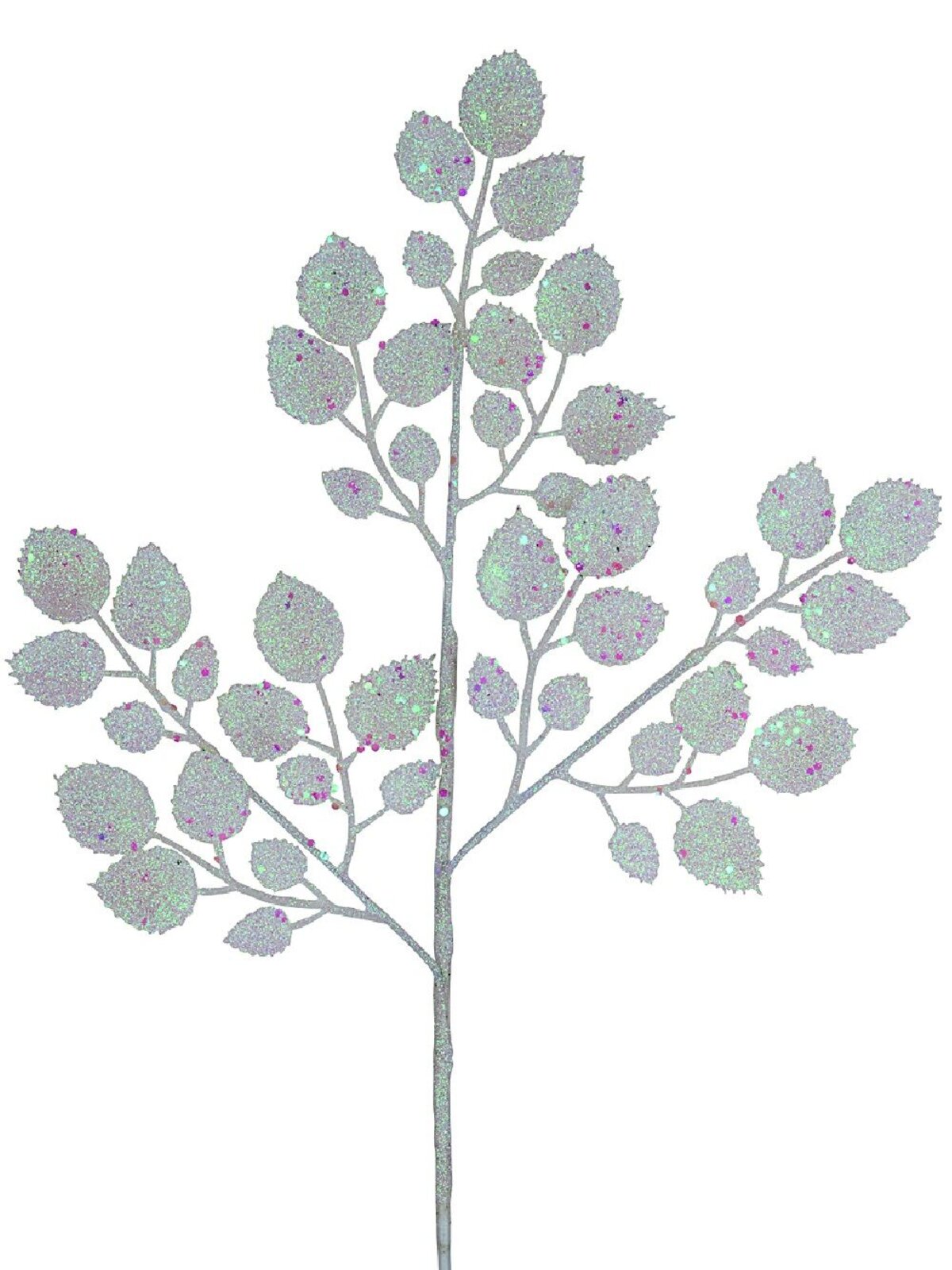 White & Iridescent Glitter Holly Leaf Look Long Christmas Stem | 47cm