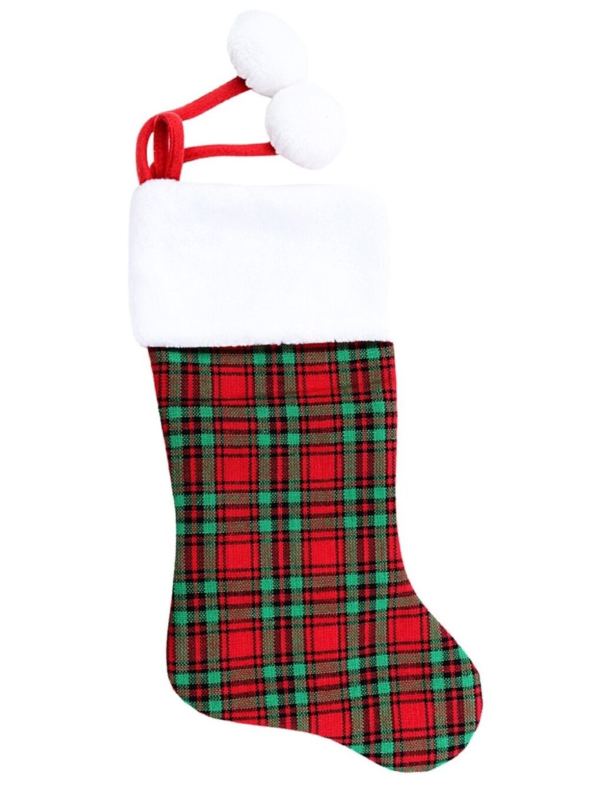 48cm Red & Green Tartan Stocking With White Cuff & Pom Poms