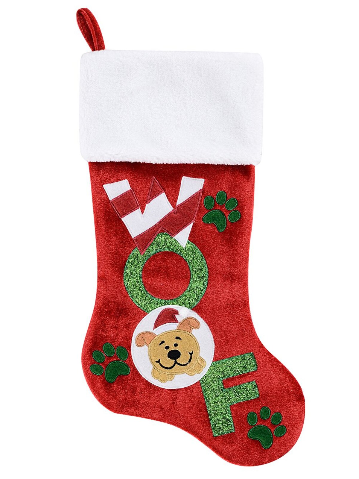 48cm Red Velvet WOOF, Paws & Puppy Embroidered Pet Stocking