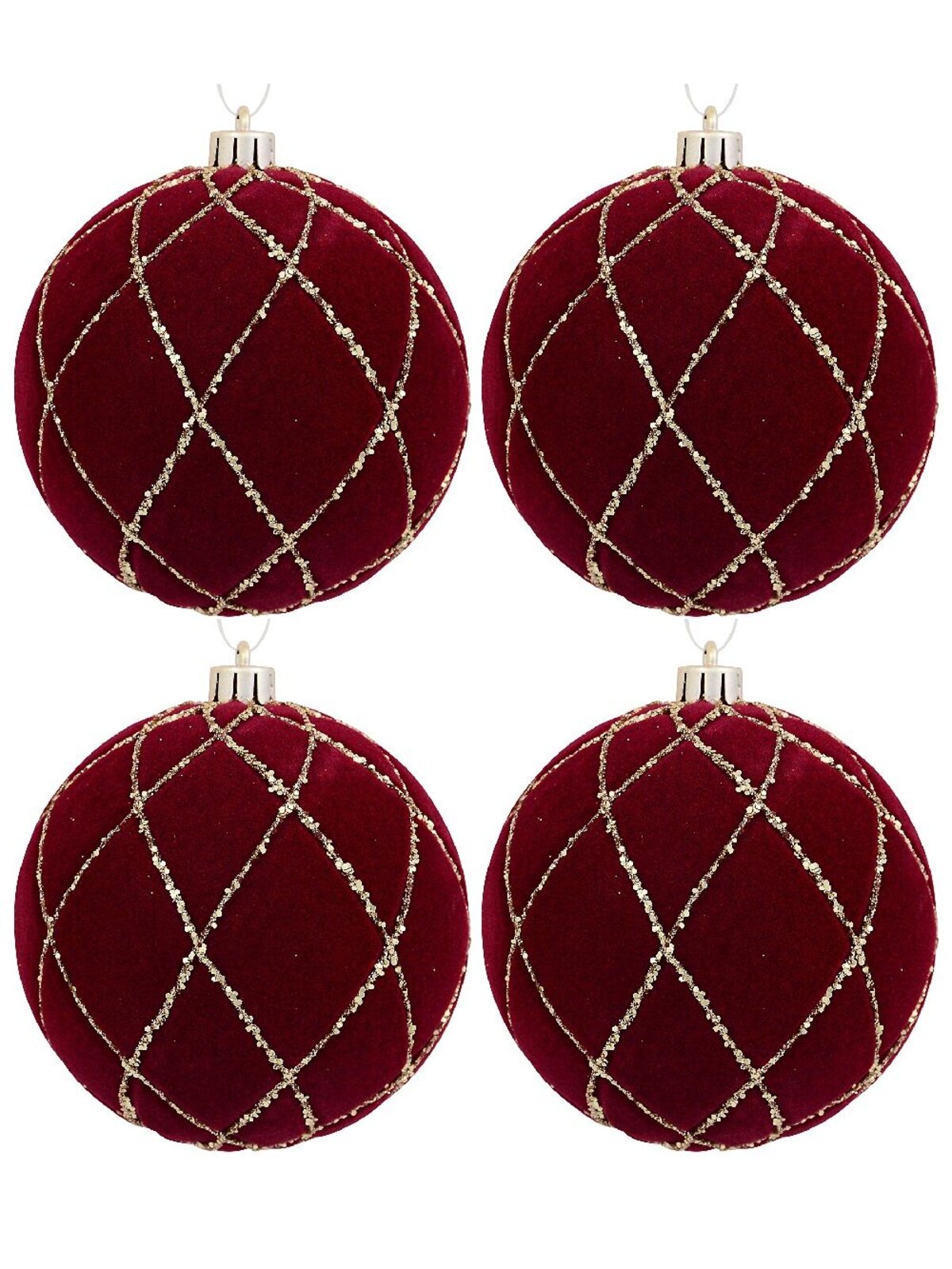 4x 10cm Burgundy Velvet Baubles With Diamond Pattern Gold Sequin Lines