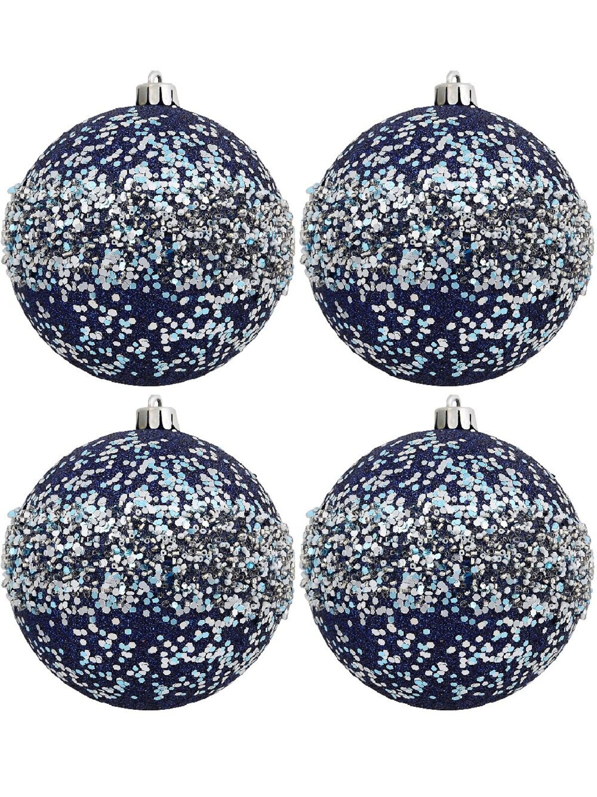 4x 10cm Dark Blue Glitter Baubles With Silver Sequins, Flecks & White Beads
