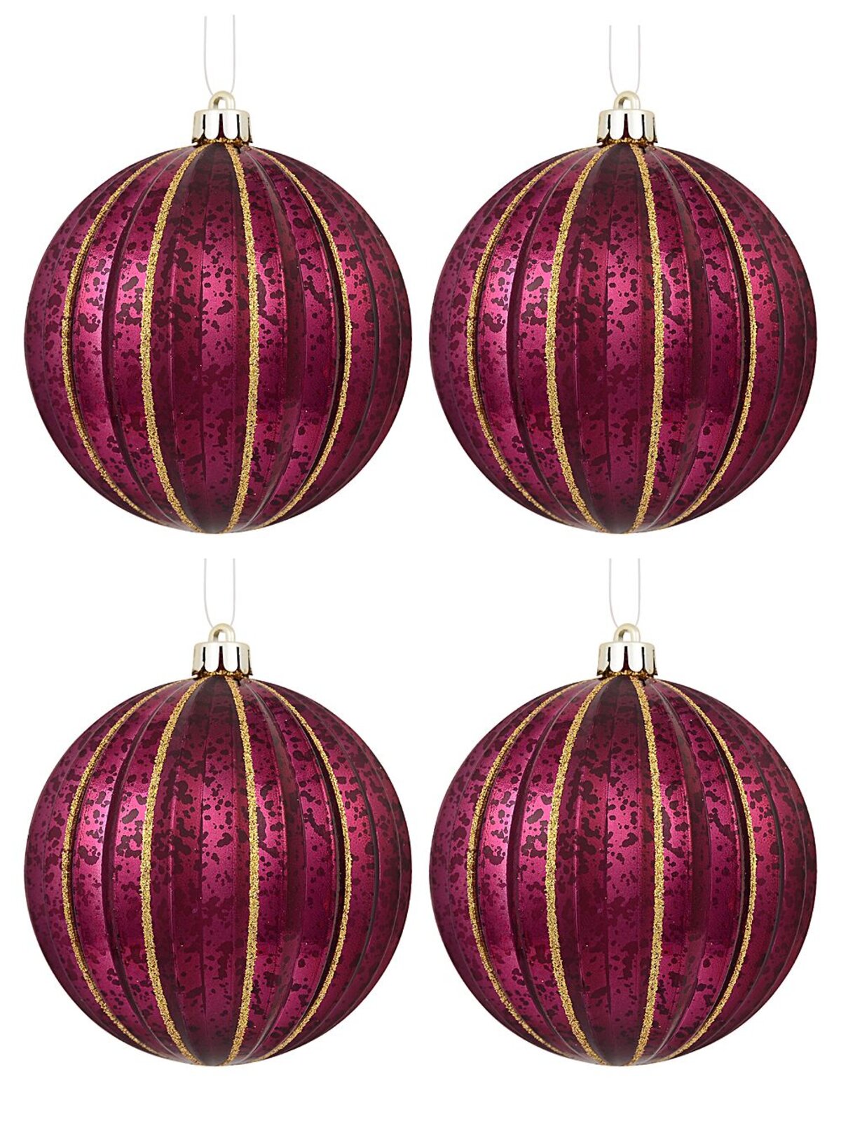 4x 10cm Matte & Shiny Burgundy Baubles With Antique Finish & Glitter Lines