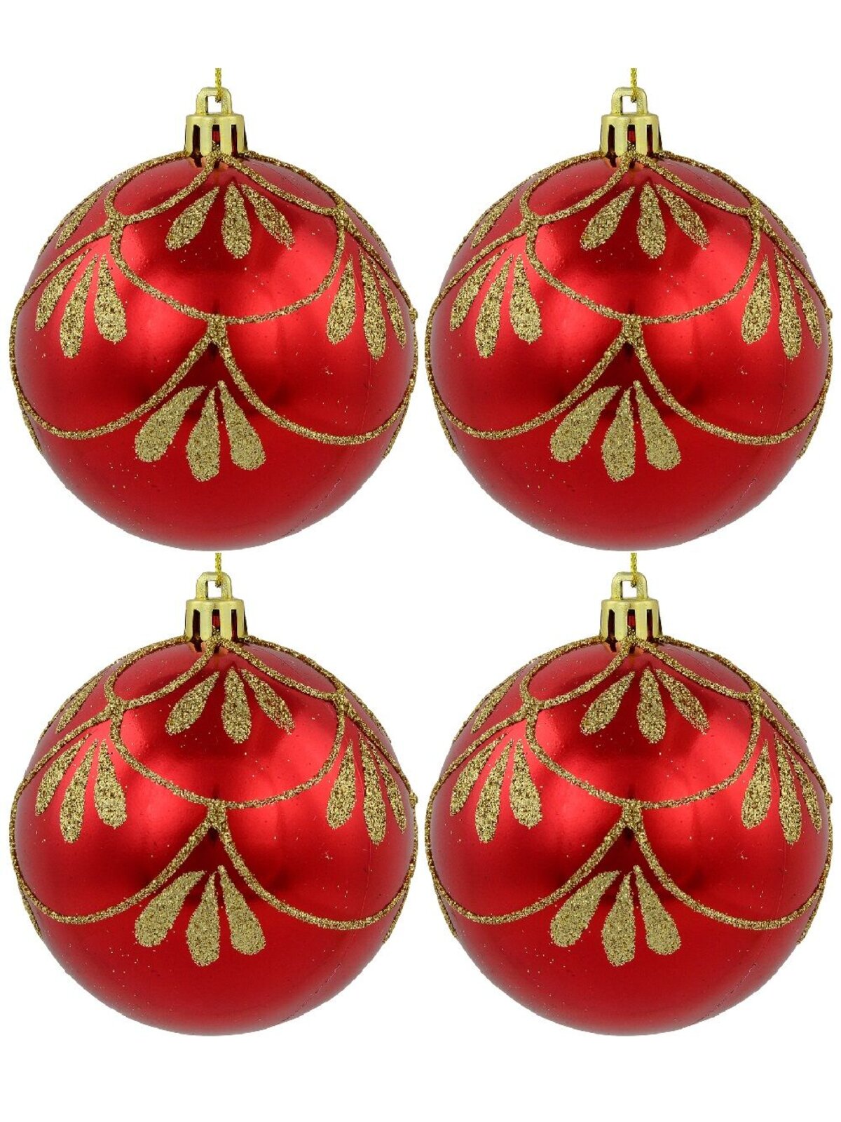 4x 80mm Metallic Red Christmas Baubles With Gold Glitter Ornate Design