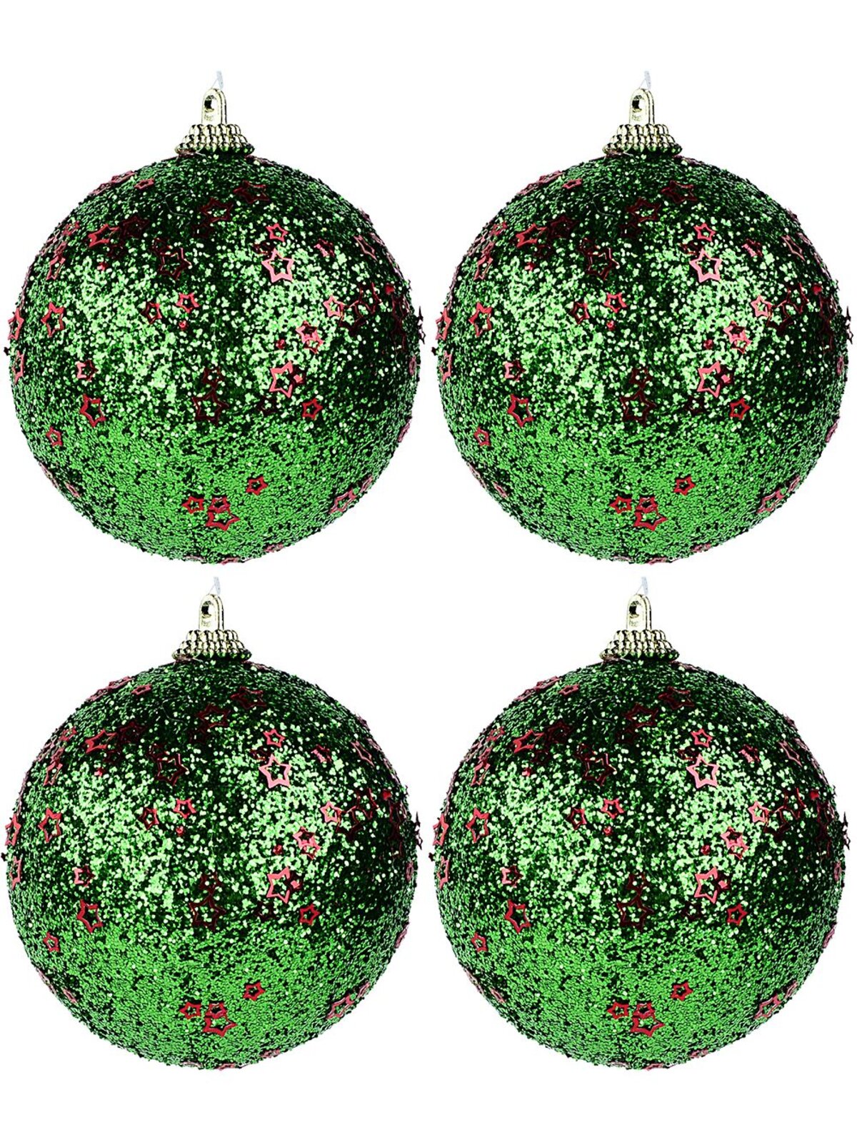 4x Dynamic Green Glitter Statement Red Star Baubles | 80mm