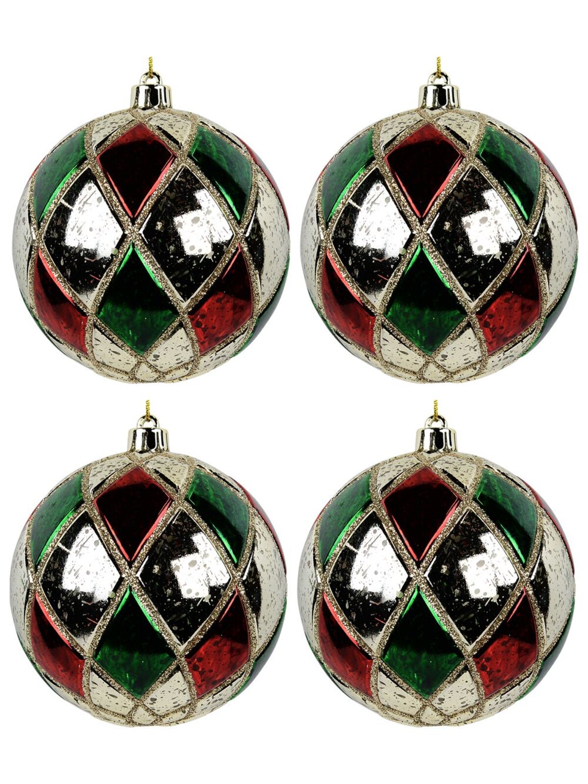 4x Dynamic Red Green & Gold Signature Geometric Glitter Ball Bauble | 10cm