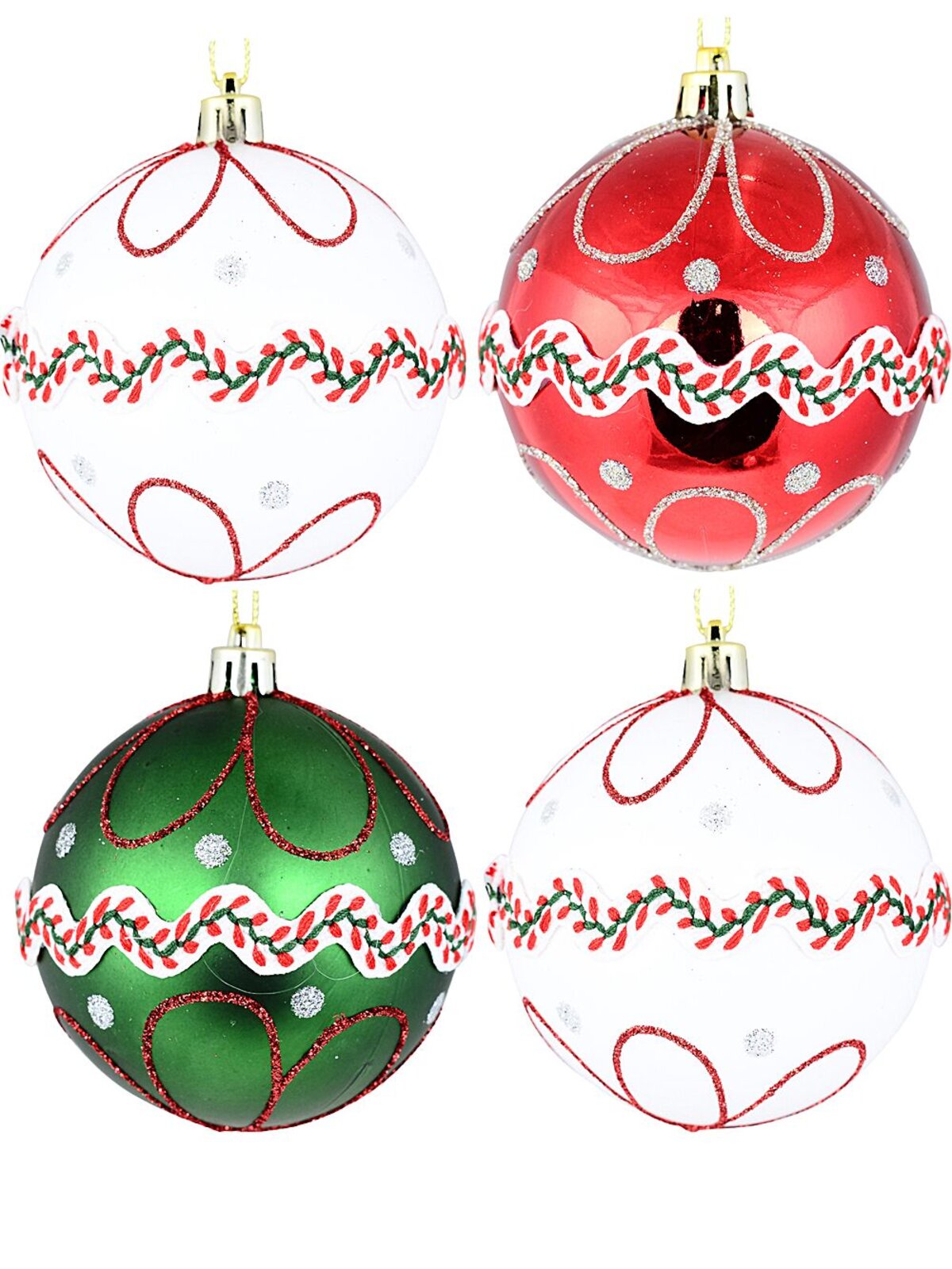 4x Dynamic White Green & Red Statement Lace & Glitter Baubles | 80mm